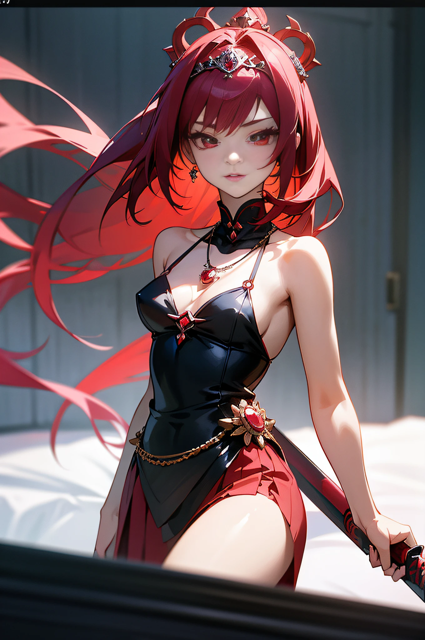 Anime girl posing in redhead and gothic dress in room,red color eyes ,Palace ， A girl in a gothic dress, Beautiful fantasy female swordsman, beautiful and seductive anime woman, Smooth anime CG art, seductive anime girls, trending on cgstation, 3 d anime realistic, Small lips，Gothic skirt，Ruby hair accessories，black leg rings，Crystal necklace，jewely，耳Nipple Ring，Japanese goddess, Beautiful anime girl, ((a beautiful fantasy empress)), Anime goddess, Photorealistic anime --auto