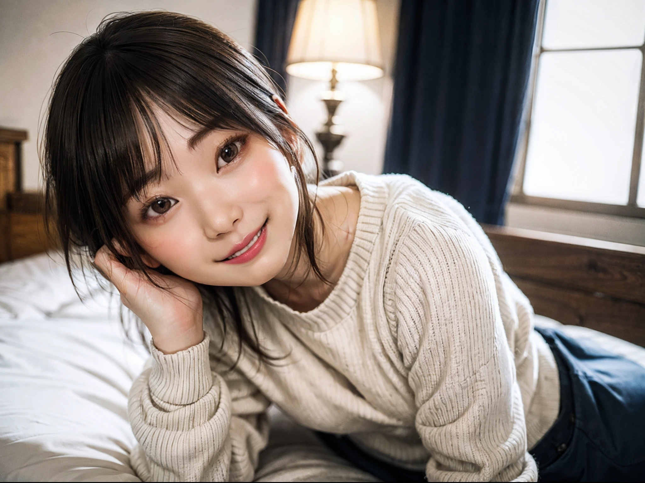 Japan girls in casual clothes in a hotel room at night, watching the viewer, (highest quality, masterpiece))), high resolution, very detail, masterpiece, cinematic lighting, (8K, highest quality, masterpiece: 1.2), (realistic, photorealistic: 1.37) Hi-Res, Super Detail, 1 Girl , Woman with glasses, Thin Frame Round Glasses, Light Color Glasses Frame, Asian, Cute, cute face, solo, short hair 1.2, textured skin, beautiful smile, beautiful detailed sky, detailed café, night, movie lighting, depth of field, lens flare light, sitting in bed, dating, (blushing nose), (smile: 1.15), small breasts (mouth closed), eyes with beautiful details, (sweater: 1.1), night, (short hair: 1.2), floating hair Novafrog style,