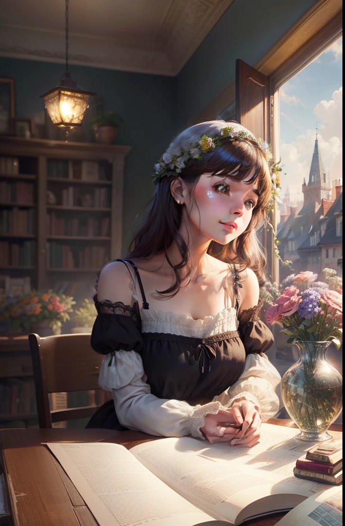 On the table was a vase of flowers and books, a digital painting by Rhea Carmi, shutterstock contest winner, romanticism lain, books and flowers, flower shop scene, Beautiful digital illustration, beautiful digital painting, A beautiful artwork illustration, birthday wrapped presents, cozy home background, highly detailed scenario, lovely digital painting, in style of digital painting, background artwork