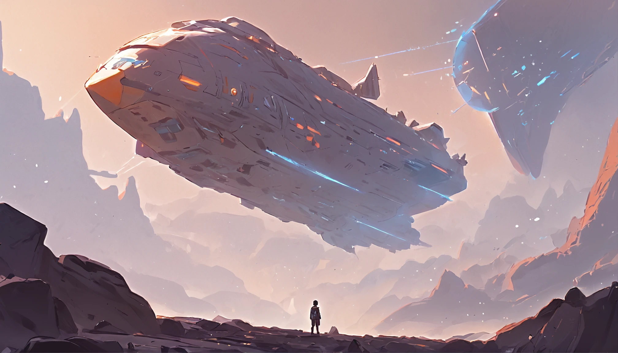 Drawing of a man standing on a rock and a spaceship flying over a rocky ground, inspired by sparth, Epic spaceship scene, sparth style, Spacecraft flies far, Star Citizen Digital Art, sci - fi illustrations, sci-fi illustration, detailed sci-fi art, In the sky spaceship, Spaceship in cloudy sky