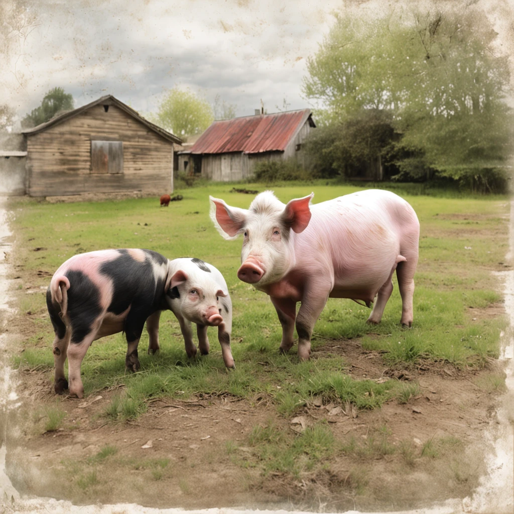 Pigs in the yard, Extreme fading, Light white tones, More light, com cores neutras, Very faded, French, Vintage, Antique landscape painting, Subtle softness, Very light pastel colors, High texture, Quaint cottage, pond, green trees, pigs, aquarelle,--v 5, More faded, More antiques, Texture, Watercolor spots