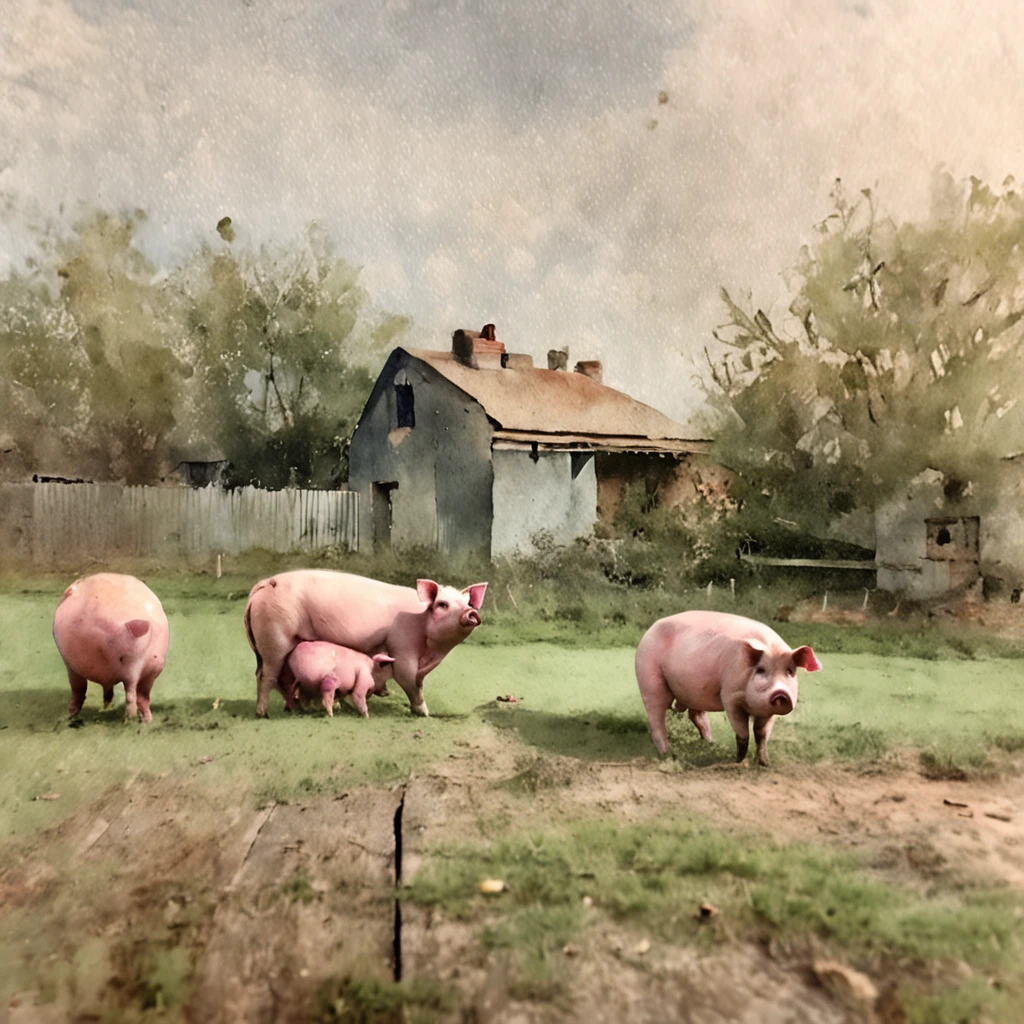 Pigs in the yard, Extreme fading, Light white tones, More light, com cores neutras, Very faded, French, Vintage, Antique landscape painting, Subtle softness, Very light pastel colors, High texture, Quaint cottage, pond, green trees, pigs, aquarelle,--v 5, More faded, More antiques, Texture, Watercolor spots