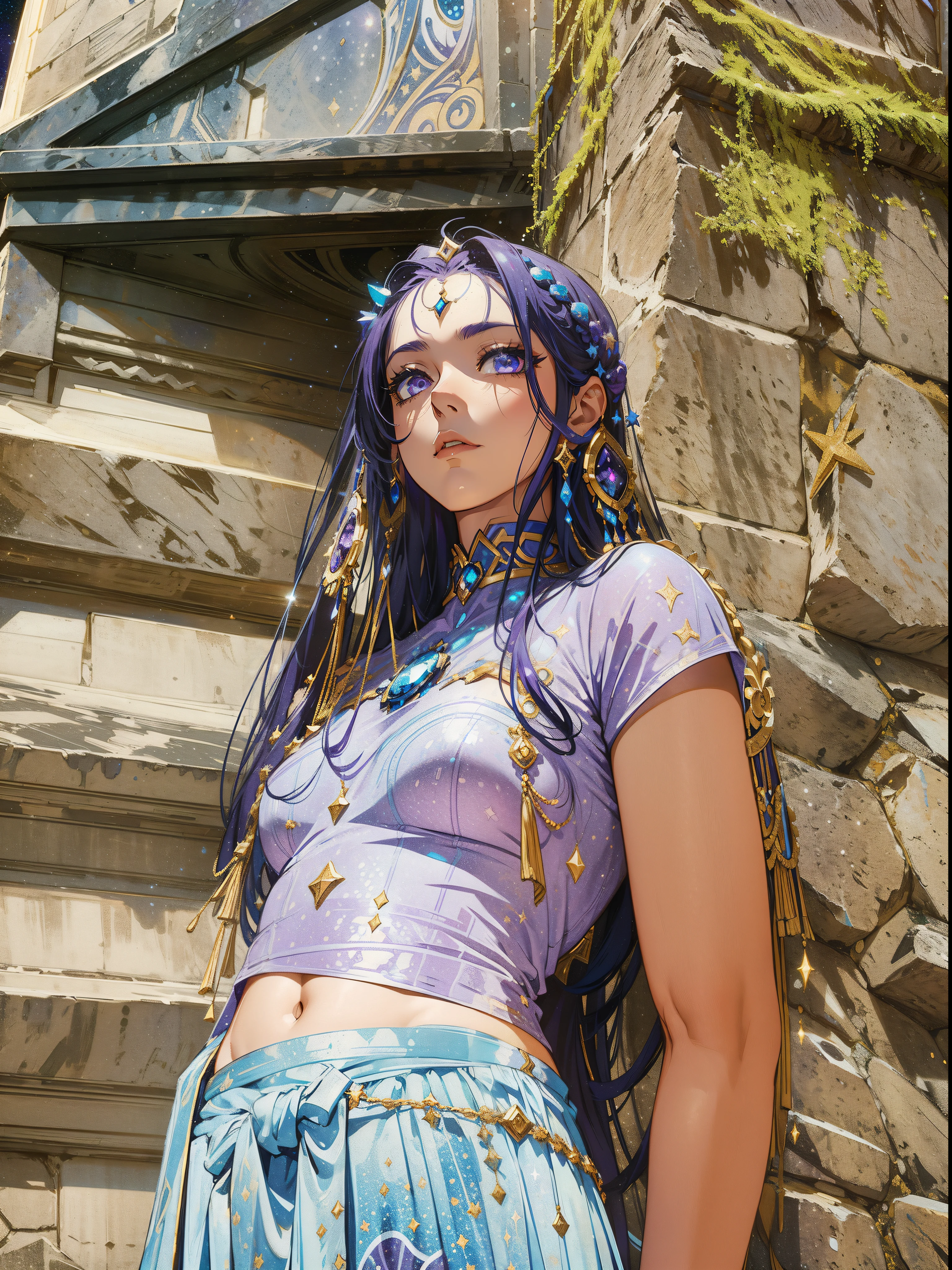A grand divine cosmic goddess, (2d illustration:1.2), Dark, purple, blue, starry, (imposing), (grand), (1woman:1.3), ((sfw:1.4))