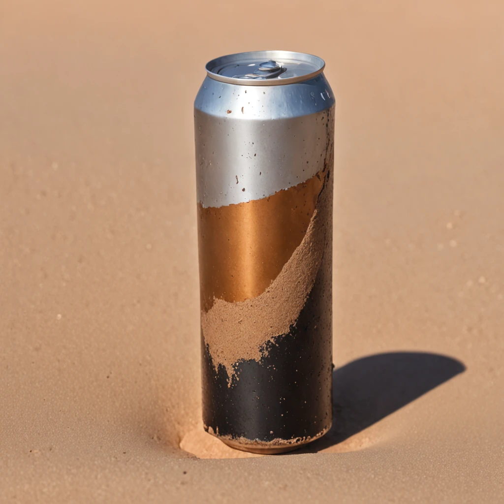 postapocalypse, Sand dunes, rusty aluminum soda can, Post-punk, стиль Mad Max, photo realism, 4K quality, Details, Without people, Sun light, glares.