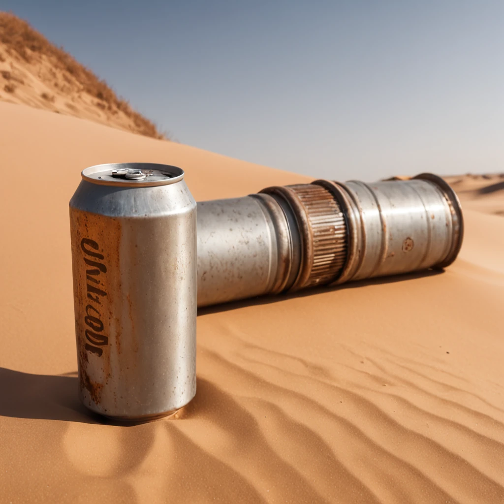 postapocalypse, Sand dunes, rusty aluminum soda can, Post-punk, стиль Mad Max, photo realism, 4K quality, Details, Without people, Sun light, glares.
