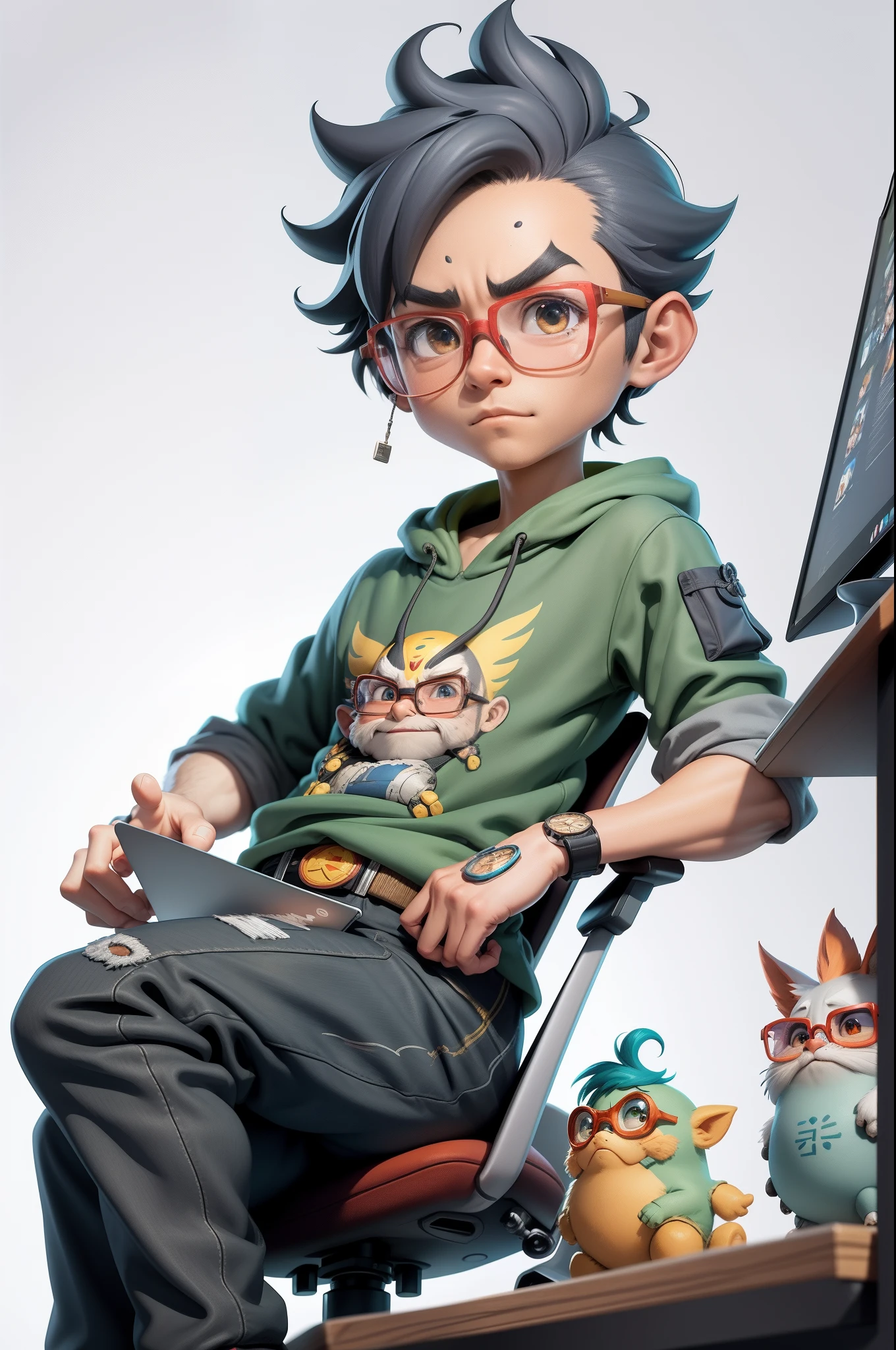 A young man with glasses sits at his desk,holding laptop,digitial painting,3D character design by Mark Clairen and Pixar and Hayao Miyazaki and Akira Toriyama,4K HD illustration,Very detailed facial features and cartoon-style visuals。