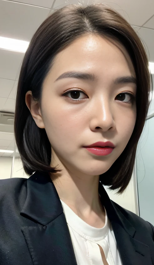 masterpiece,best quality, (1 milf), ((close up:0.5)), glare, gray blazer, white shirt, double eyelid, eyelash, lip gloss, (angry face:1), ((close eyes:0.85)), ((Straight Looking at Viewer)), ((Looking at Viewer)), RAW, (from below:1), ((nobody)), office,