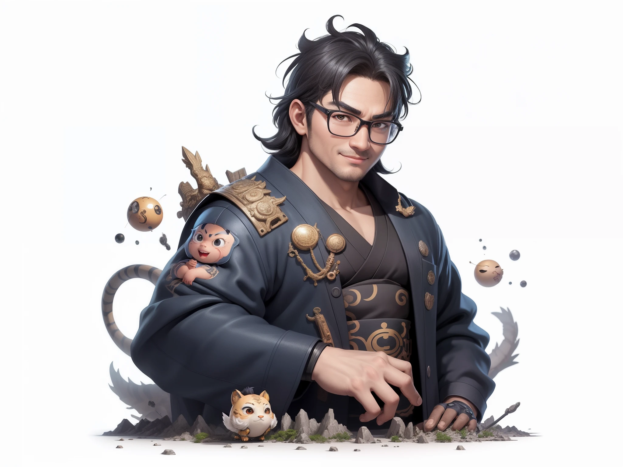 (Masterpiece), (Excellent), (Super Meticulous), (Full Body: 1.2), Super Young Man with Japanese Female Geisha, Pretty, Beautiful, Chinese Dragon, Tiger, Wind God Thor, Sexy, Bursting, Oriental Face, TV Anchor, Bust Portrait Illustration, Black Suit, Blue Tie, Slightly Chubby Face, Silver Glasses, Very Clean Face, No Beard on Chin, Black Super Short Hair, Black Eyes, Confident Smile, 3c Computer Sub-Products, iPad, iPhone, Digital Painting, 3D character design by Mark Clairedon and Pixar and Hayao Miyazaki and Akira Toriyama, the illustrations are HD illustrations in 4K resolution with highly detailed facial features and cartoon-style visuals.