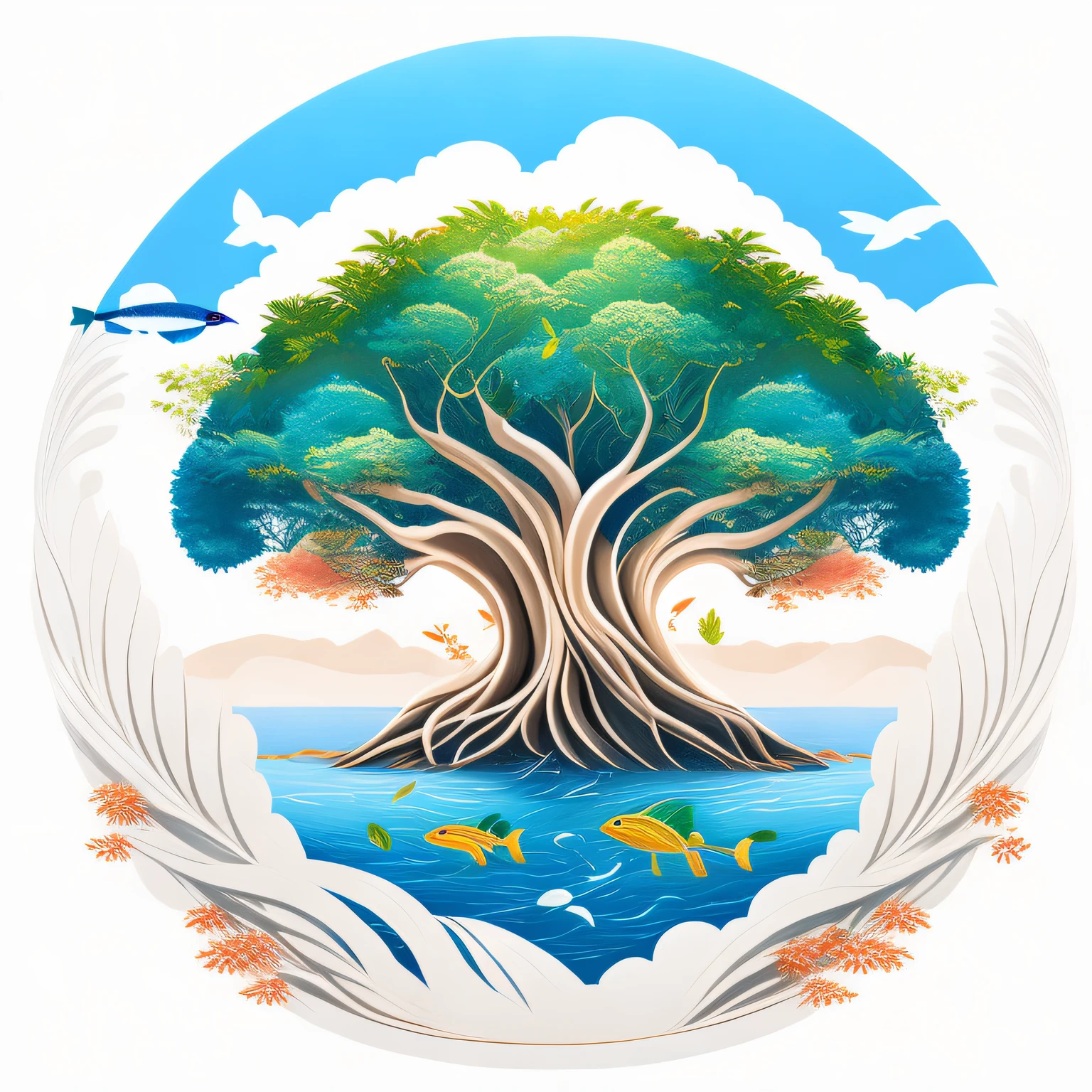 A banyan tree in the water in the summer landscape,The bird、The fish、T-shirt design,rzminjourney,vectorial art,Round contour,white backgrounid,planet earth