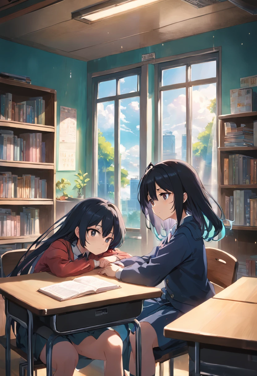 two guys,A long-haired anime girl sitting in a classroom,Sleep on the table,Next to her was a boy with short black hair,There are stacked books in front,The sun is shining outside the window