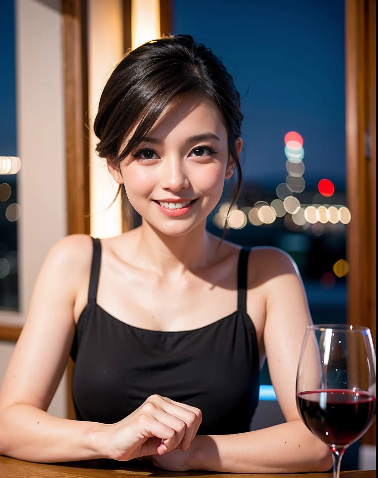 (64K, UHD, top quality, masterpiece: 1.2), (realistic, photorealistic: 1.37), super detailed, pretty woman 1 person, (slim face), (slim body), (brown hair), (short cut), cheeks slightly blushing, (44 years old), 38 years old, solo, beautiful detailed urban night view outside the window, restaurant, wine glasses sit, at night, in a prominent placeNovaFrogStyle, Actress, Model, Waist Up, White Wine, Slim, Wine Glass, Super Clean Night View, Wine Glass Put in the Middle, Happy Smile, (Smile: 1.15), Beautiful Fine Eyes, Upper Body, Bust Japan Up, Night, Short, Short, Actress, Model, Waist Up, White Wine, Slim, Wine Glass, Super Clean Night View, Wine Glass Put in the Middle, Happy Smile,