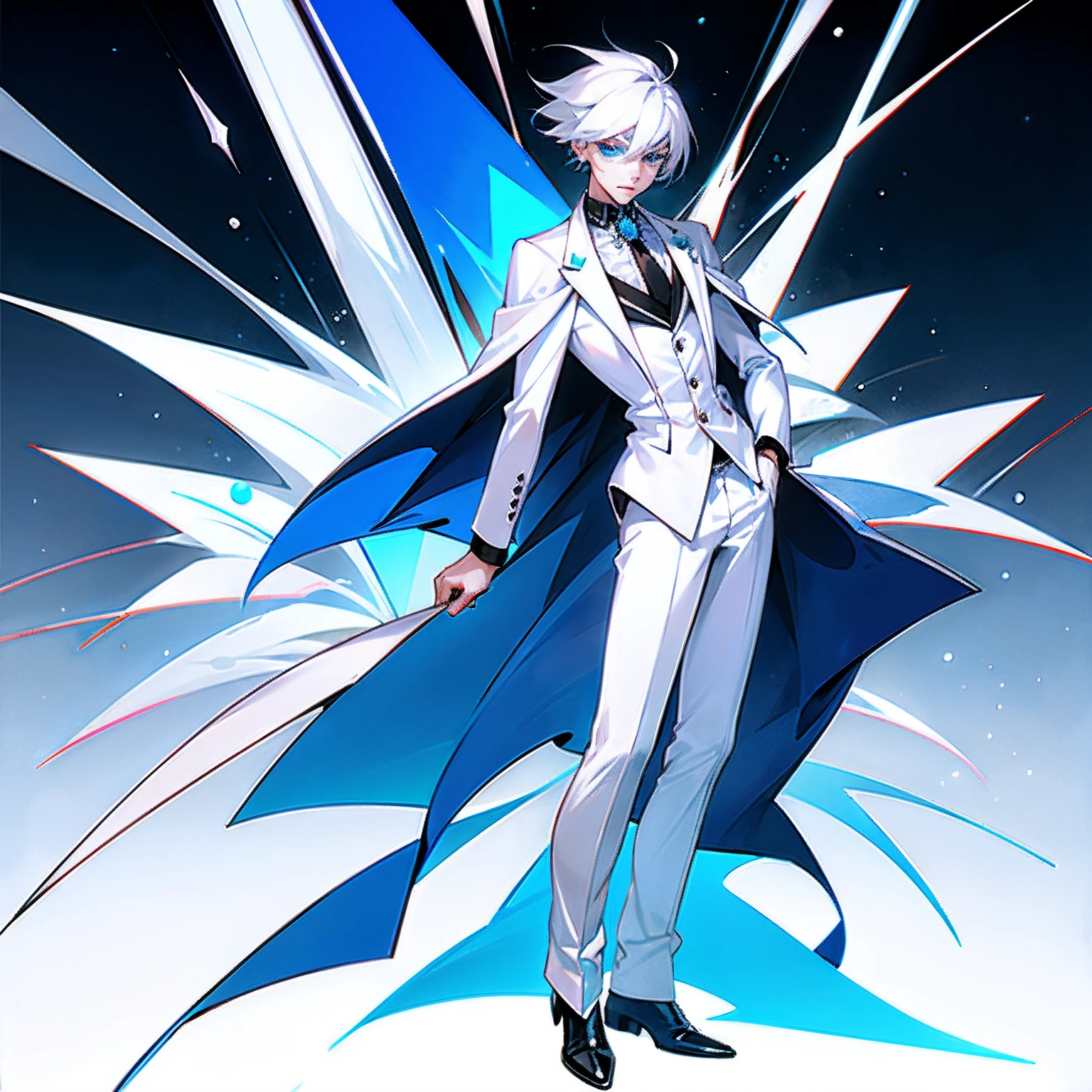 Boy White hair, diamond-shaped face, blue eyes, temperament, polite temperament, white eight-coat suit, full body photo from head to toe