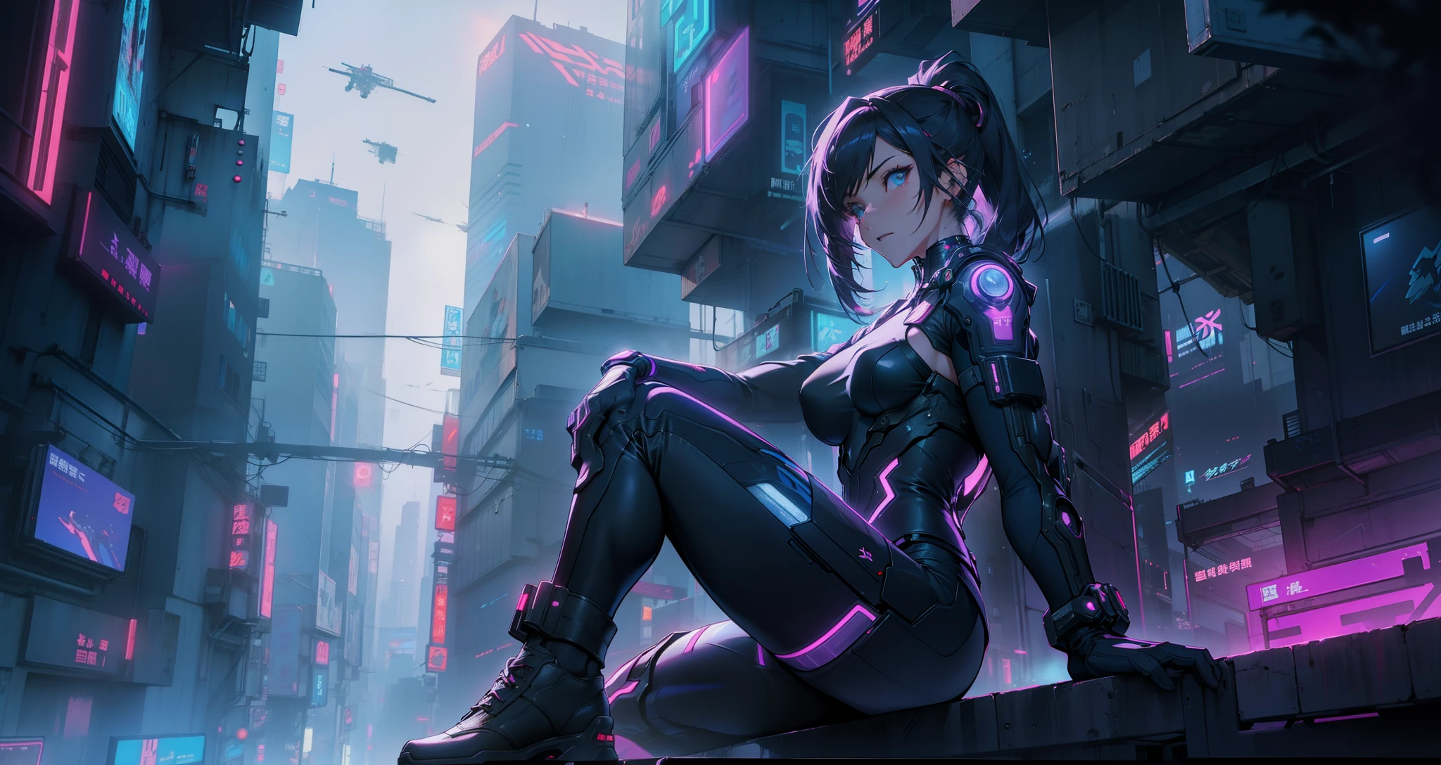 Cyber girl sitting on a ledge in the city at night。Cyberpunk anime art envelops her as digital worlds intersect。Modern cyberpunk art style illuminated by neon lights、It depicts a fusion of an anime girl and a mecha.。This art with a cyberpunk theme is、Feel like a dreamy future。With the scenery of a cyberpunk city lined with skyscrapers、Her presence is enchanting,、It seems to be wrapped in a mysterious magic。