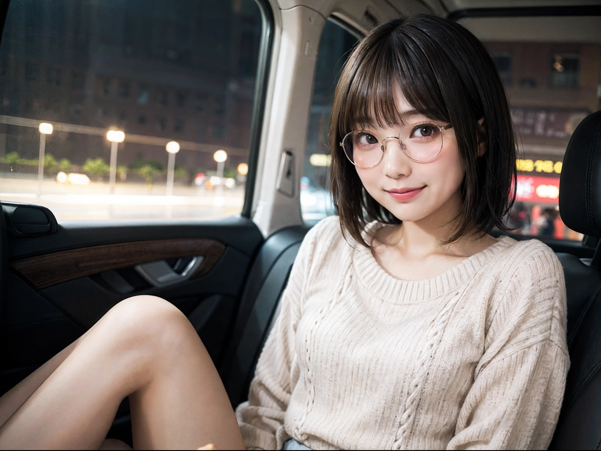 Japan girls in casual clothes、Sitting in the passenger seat of the car、Watch your audience、Tokyo cityscape at night、(top-quality、Master masterpiece)))、HD fine、ighly detailed、Master masterpiece、电影灯光、(8K、top-quality、Master masterpiece:1.2)、(realisitic、Photorealsitic:1.37) Hi-Res、Super Detail、Woman with glasses、Silent look、Round glasses、Asian, cute little, Cute face, Solo, Short hair 1.2, Textured skin, Beautiful smile, Beautiful detailed night sky, night landscape, 电影灯光, depth of fields, Lens flare light、Dating、(blush nose)、、(Mouth closed)tiny chest、Beautiful eye for detail、(Sweaters:1.1)、(Short hair:1.2)、Floating hair Nova frog style