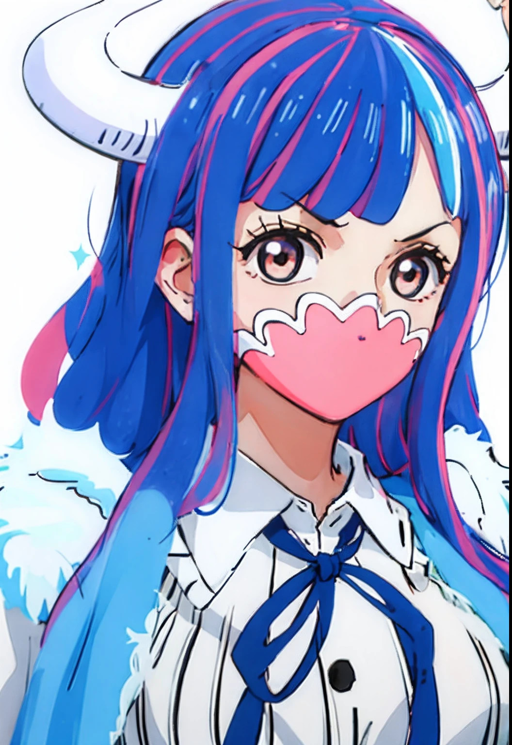 (masterpiece, Highest quality:1.4),Cinematic Light,colorful,High Contrast,(One girl),Alti OP,One Piece Anime,((Large Breasts)),Multicolored Hair,Long Hair,Blue Hair,Pink Hair,bangs,horn,Blue Skirt,High Waist Skirt,White shirt,Happy,Huge breasts,beautiful,Completely naked