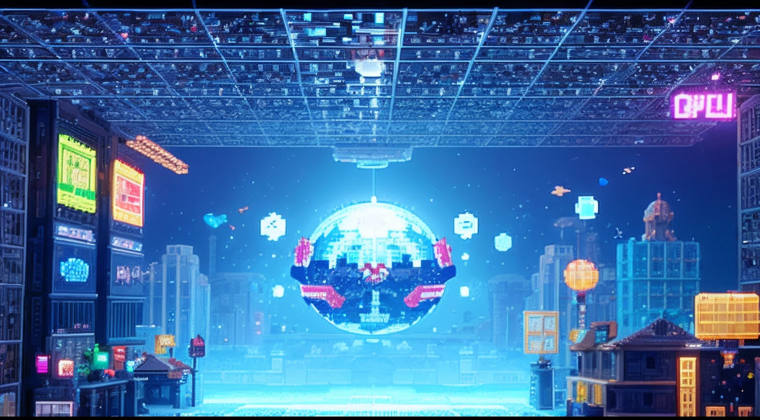 pixel game,scenography,fantastical scenes,Space City,levitating, Pixel art #pixelart