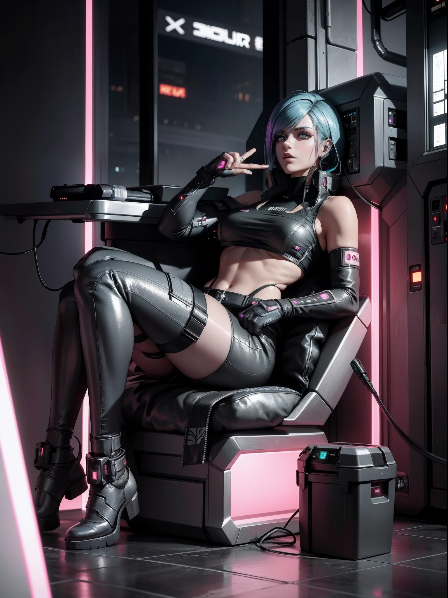 Beautiful European girl colored hair, sitting spread leg, wearing small tiny black silk thong, thigh high black socks, high combat military neon boots, muscular, cyberpunk style