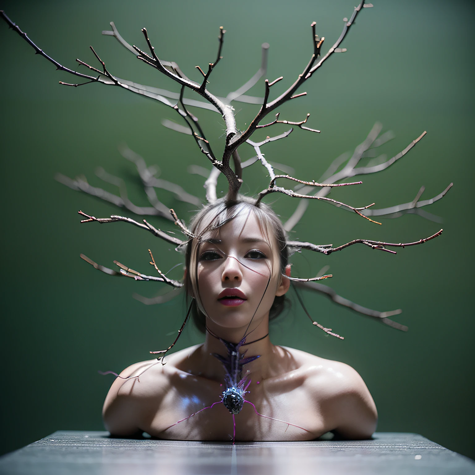 a picture、(Photorealsitic:1.4)、(hyper realisitic:1.4)、(Cinematic:1.5)、neuron, 2 woman, face to face, complicated wired,