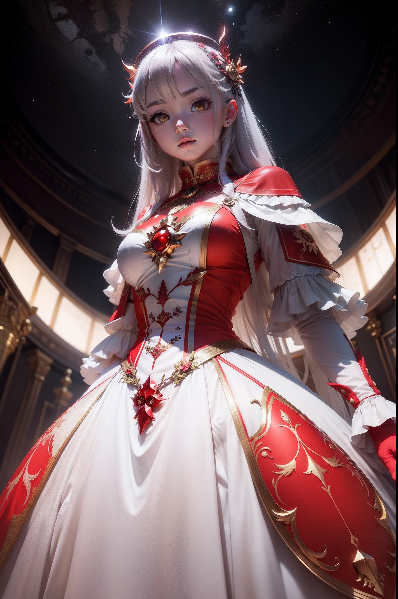 Excellent, Masterpiece, High Detail, Semi-Real, 1 Female, Milf, Upper Body, Priest, Hiqcgbody, Medium Bust, Cleavage, Perfect Face Shape, Red Eyes, White Hair, Hair Accessories, Gemstones, Necklaces, Fantasy Background, Depth Field, Looking at the Audience, Motion Blur, Dynamic Angle,