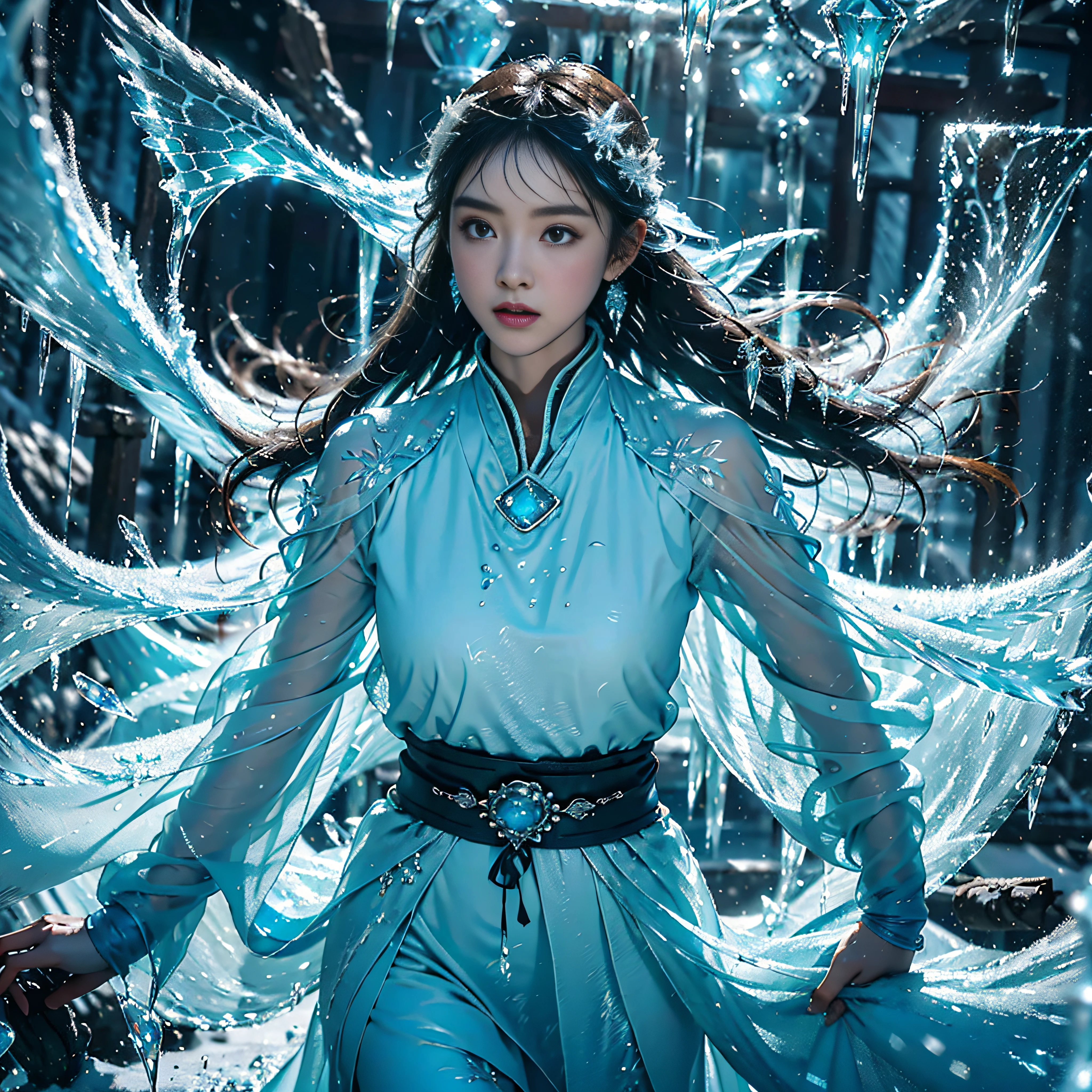 (((1girll))),(Perfect facial features:1.4),Wearing ancient Chinese Han costumes,icey,ice wings,Splashed liquid,Wavy liquid,airbubble,standing on water,wave,Blue glow,(Frost wings),(((Powerful ice magic))),(((Icicles))),Towering over the landscape,Blue light cold light,(((Ice storms))),Wind,((Flying snow ice and snow)),Amazing results,,best qualityer,tmasterpiece,超高分辨率,finely detailled,Complicated details,8K分辨率,8KUCG wallpaper,hdr,water blue,Magic Array,Cinematic lighting effects,lightand shade contrast,Ray traching、NVIDIA RTX
