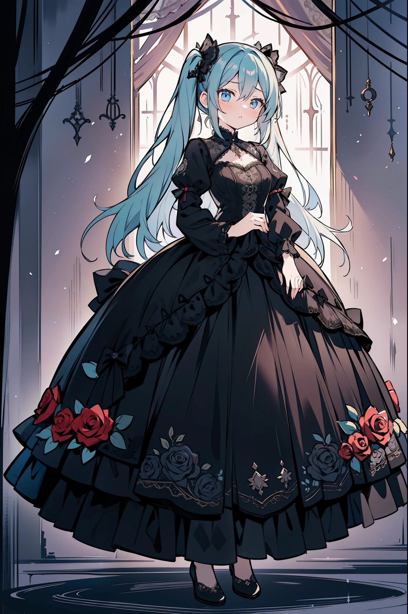 miku hatsune, Dark Gothic style dress decorated with rose embroidery and lace, Elegant and a little mysterious, It incorporates a sense of romanticism, Intricate details and patterns, material: Velvet and lace, Enhanced with rose-themed accessories,scornful