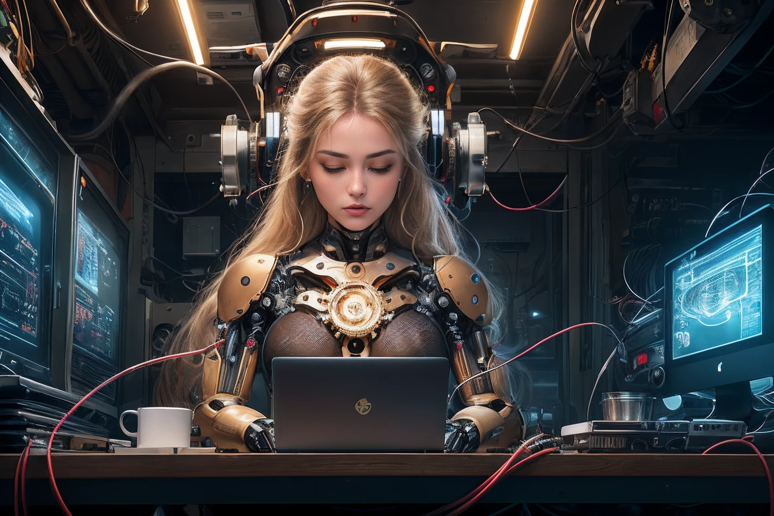 (beautiful woman with human head and mechanical body), ((Masterpiece)), ((best quality)), ((ultra-detailed)), ((highly detailed CG illustration)), ((an extremely delicate and beautiful)), cinematic light,((highly detailed face)), ((body is made of gears and shafts)), ((robotic body))), ((highly detailed face and hair)), ((long flowing hair)), ((floating above the ground)), (long golden hair), full body, (machine-made joints:1.4), ((mechanical vertebra attaching to the back)), ((mechanical cervical attaching to the neck)), ((levitating in lotus position)), ((floating in lotus position)), ((meditating in lotus position)), ((hovering in the air)), (wires and cables attaching to the head and body:1.5), (glowing neon accents), (mechanical gears and pistons), (meticulous craftsmanship), (shimmering metallic textures), (futuristic background), ((scifi lab)), ((futuristic gadgets in the background)), (advanced technology), ((laptop and gadgets in the background)), (subtle reflections), (captivating eyes), (intricate details), (exquisite beauty), (artistic elegance), (best quality), (artistic excellence).