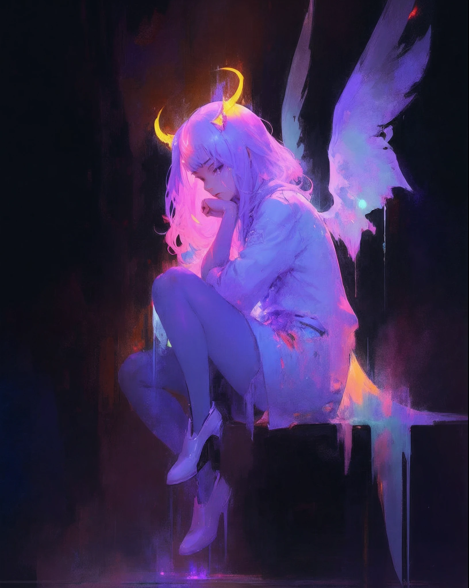 anime girl with angel wings and a demon's tail sitting on a stool, artwork in the style of guweiz, guweiz, inspired by Ross Tran, ross tran style, demon girl, by Ross Tran, artgerm and atey ghailan, demon anime girl, beeple and jeremiah ketner, jen bartel, loish and ross tran、The whole body glows、Fantastical、Body lines blending with light and air、Purple enamel boots