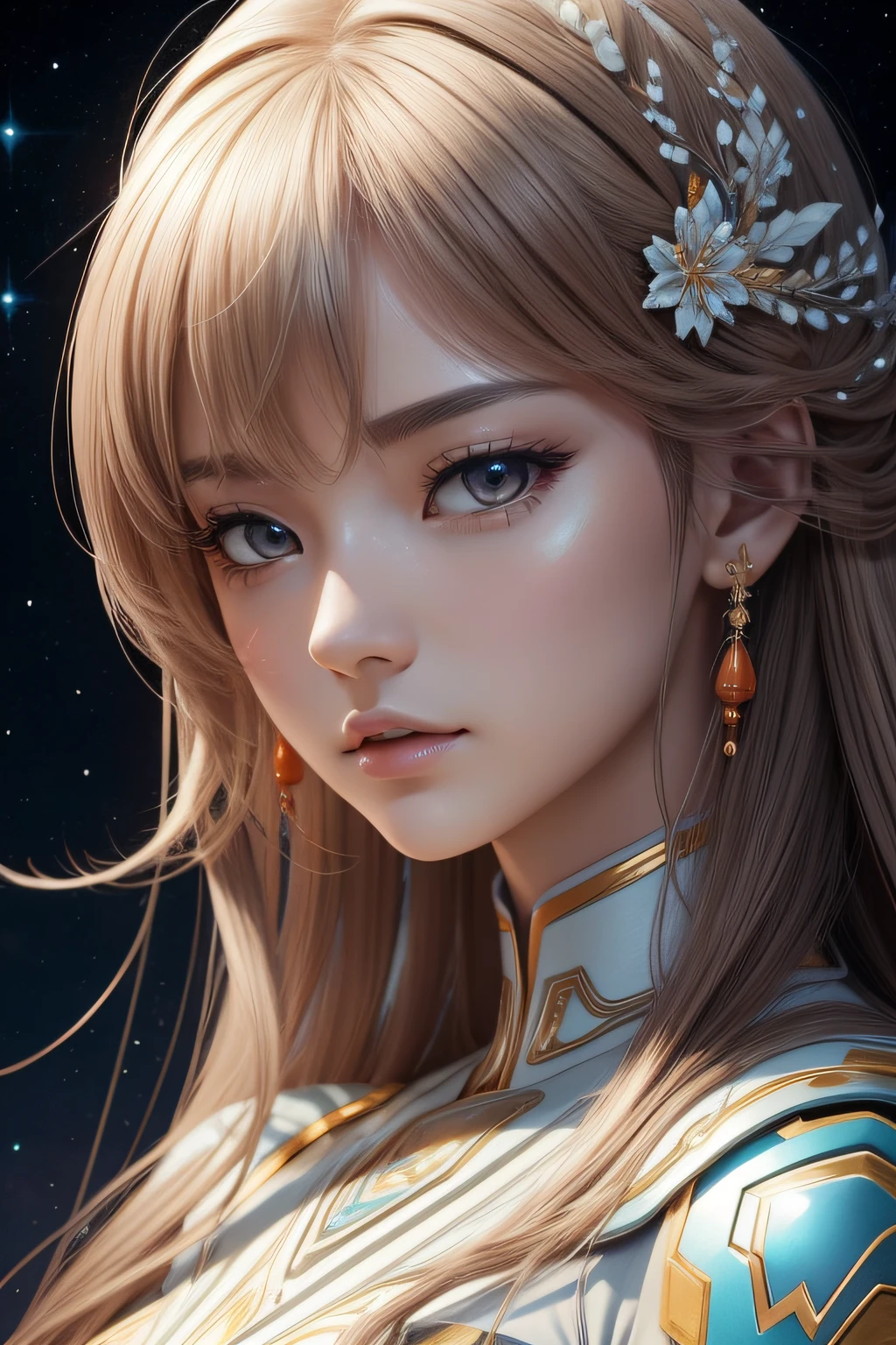 Design passionate romantic scenes、spaceships、karo、mech warrior、Bursting、(dark brown eyes:1.2),(Orange and azure、Little white)、Elaborate metallic bones、Ayako Rokkaku、超A high resolution, Intricate details, Mystical、extremely delicate face,soft clean focus, Realistic lighting and shading, (an extremely delicate and beautiful art)1.3, Elegant, (Pastel colors)1.2,Dynamic Angle,