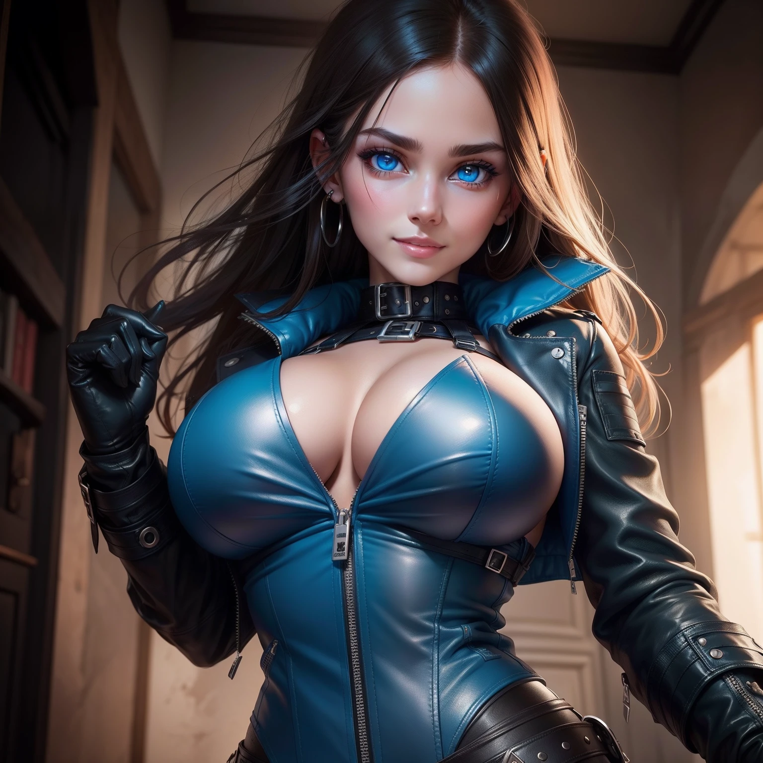 leather jackets girl with huge tit blue eyess hyperdetailed face super-detaild skin a smile top-quality masterpiece 超A high resolution Beautuful Women
