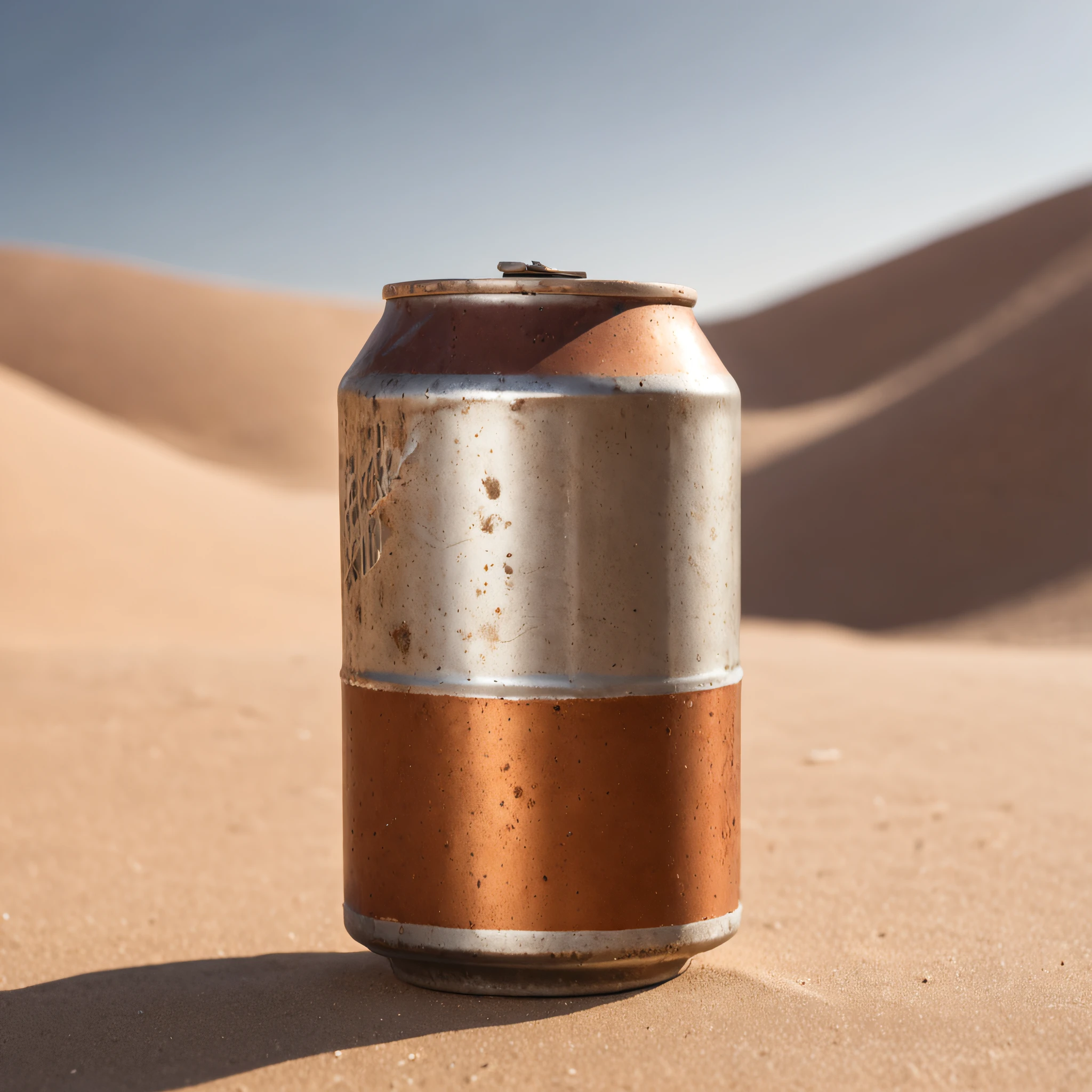 postapocalypse, Sand dunes, rusty aluminum soda can, Post-punk, стиль Mad Max, photo realism, 4K quality, Details, Without people, Sun light, glares.