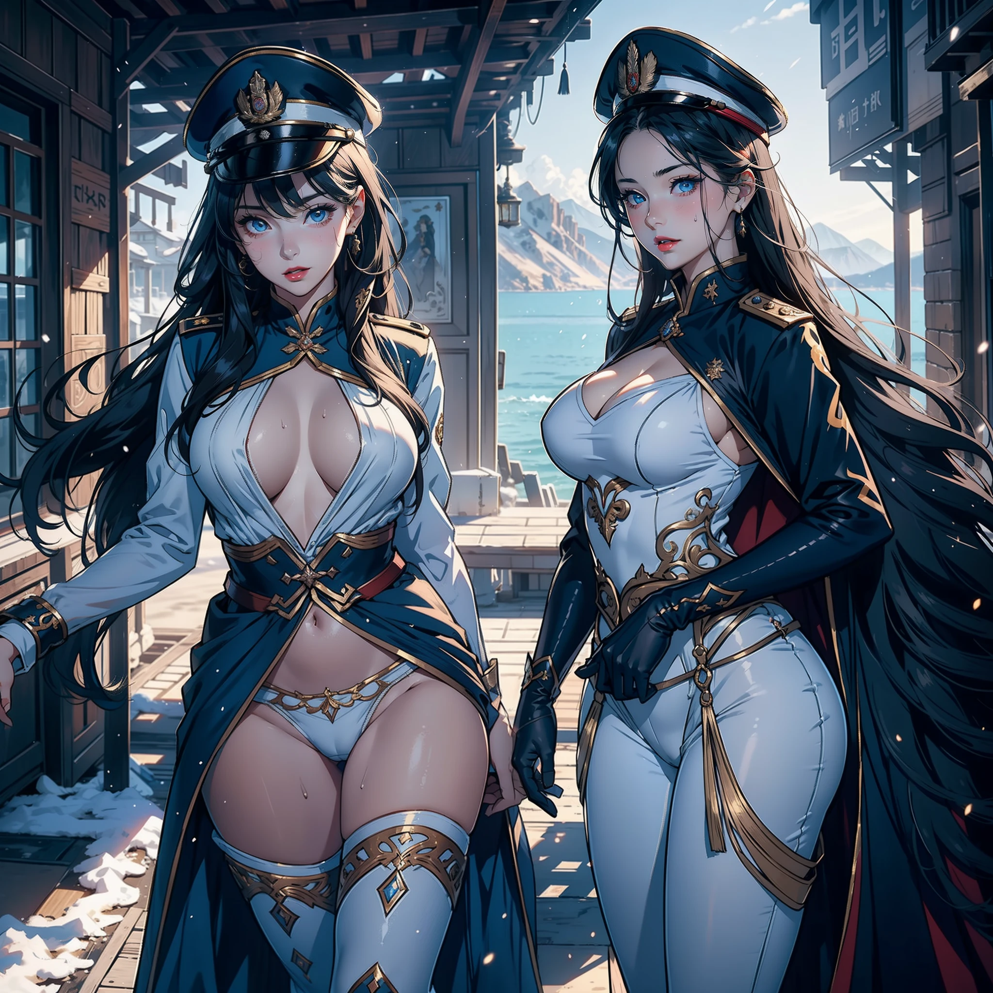 2 women,32 years old,Big breasts Thin waist,long leges,Raised sexy,Pornographic exposure, 独奏,Beauty contests,Stand side by side(Background with:the sea,snow mountains,warships,at winter season,Blizzarding,Big snowflakes)On battleships, with his long black hair,Long hair flutters in the wind,dynamicposes,Sweat profusely,drenched all over the body,seen from the front, hair straight, mostly cloudy sky,(((tmasterpiece),(Very detailed CG unity 8K wallpaper),best qualtiy,cinmatic lighting,detailed back ground,beatiful detailed eyes,Bright pupils,(Very fine and beautiful),(Beautiful and detailed eye description),Blue eyes,Redlip,ultra - detailed,tmasterpiece,)),facing at camera,(The upper part of the body),A high resolution,ultra - detailed),revealing breasts,Bare genitalia, Bulge,legs are open,sexyposture,Camel toes,Flushed complexion,Open-mouthed,frontage,Tsarist Russian officer,Officer's cap(Wearing:White cloak,down jacket,,Winter officer uniform,Sexy leggings,Armour,Gold wire embroidery,Snowflake decoration)