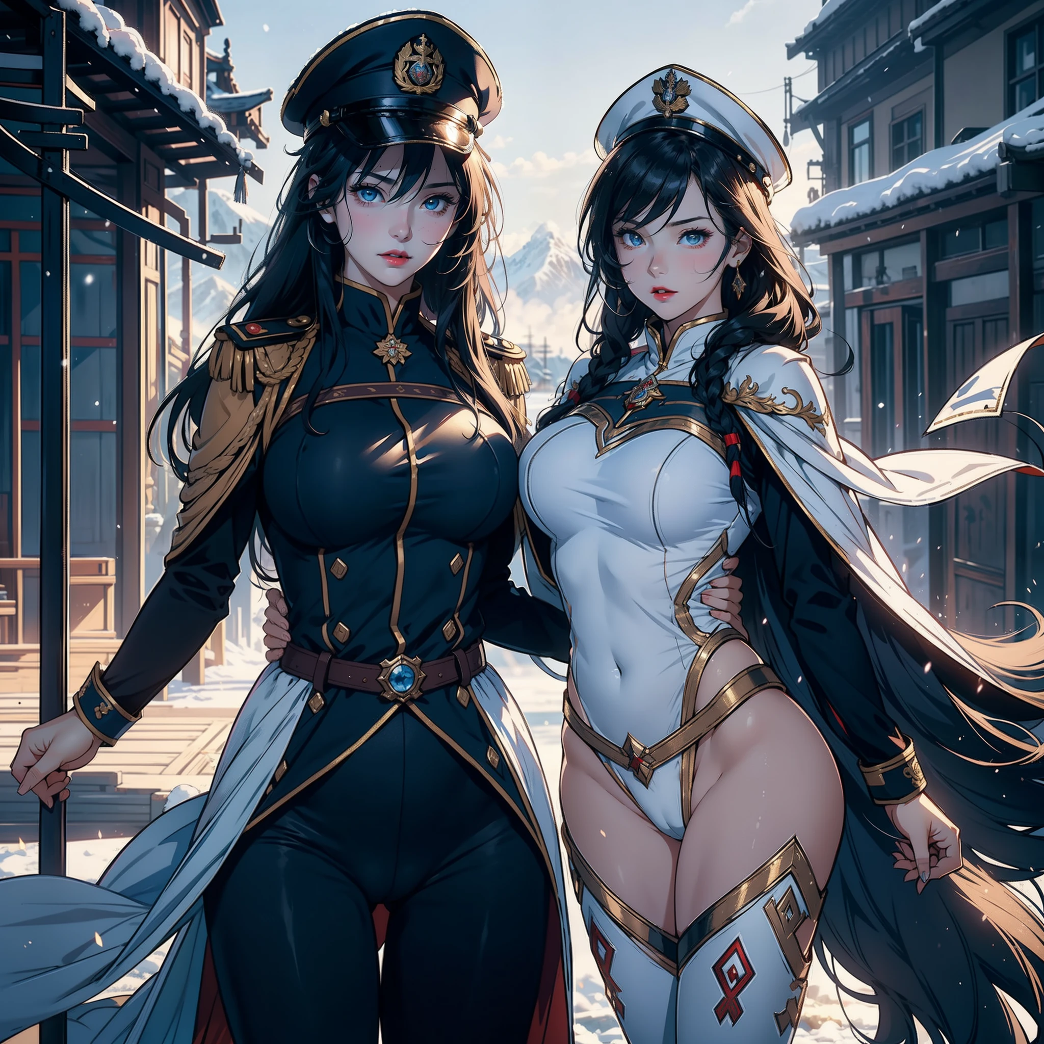 2 women，32 years old，Big breasts Thin waist，long leges，Raised sexy，Pornographic exposure， 独奏，Beauty contests，Stand side by side（Background with：the sea，snow mountains，warships，at winter season，Blizzarding，Big snowflakes）On battleships， with his long black hair，Long hair flutters in the wind，dynamicposes，Sweat profusely，drenched all over the body，seen from the front， hair straight， mostly cloudy sky，（（（tmasterpiece），（Very detailed CG unity 8K wallpaper），best qualtiy，cinmatic lighting，detailed back ground，beatiful detailed eyes，Bright pupils，（Very fine and beautiful），（Beautiful and detailed eye description），Blue eyes，Redlip，ultra - detailed，tmasterpiece，）），facing at camera，（The upper part of the body），A high resolution，ultra - detailed），revealing breasts，Bare genitalia，  Bulge，legs are open，sexyposture，Camel toes，Flushed complexion，Open-mouthed，frontage，Tsarist Russian officer，Officer's cap（Wearing：White cloak，down jacket，，Winter officer uniform，Sexy leggings，Armour，Gold wire embroidery，Snowflake decoration）