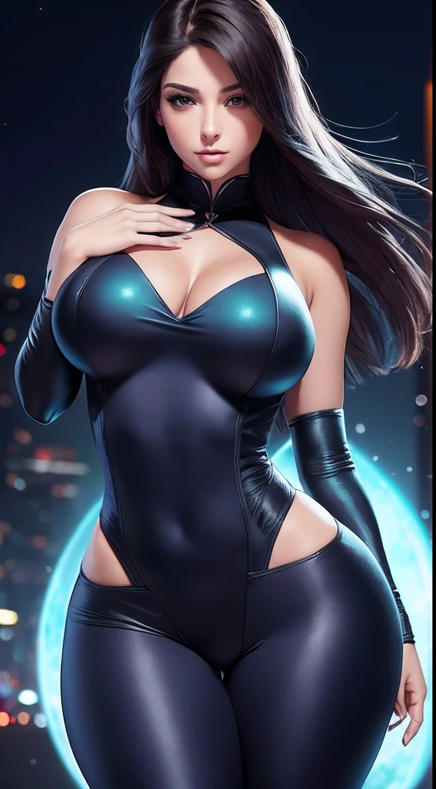 Foto, ultimate picture quality (4k), The most beautiful woman The most beautiful, hermoso rostro, bello rostro perfecto, cheerful expression, Marvel-style heroine , cabello azul, hermoso cabello azul, Cabello largo, hermosa figura, cuerpo perfecto, Curvaceous Body, ((Traje colores verde oscuro blanco rojo)), Suit fitted to curvy body, sexy traje, manos perfectas muy bien detalladas, action pose (Energy in your hands: 1.7), fondo luna plateada, Perfect cinematic lighting, agregar efecto al final