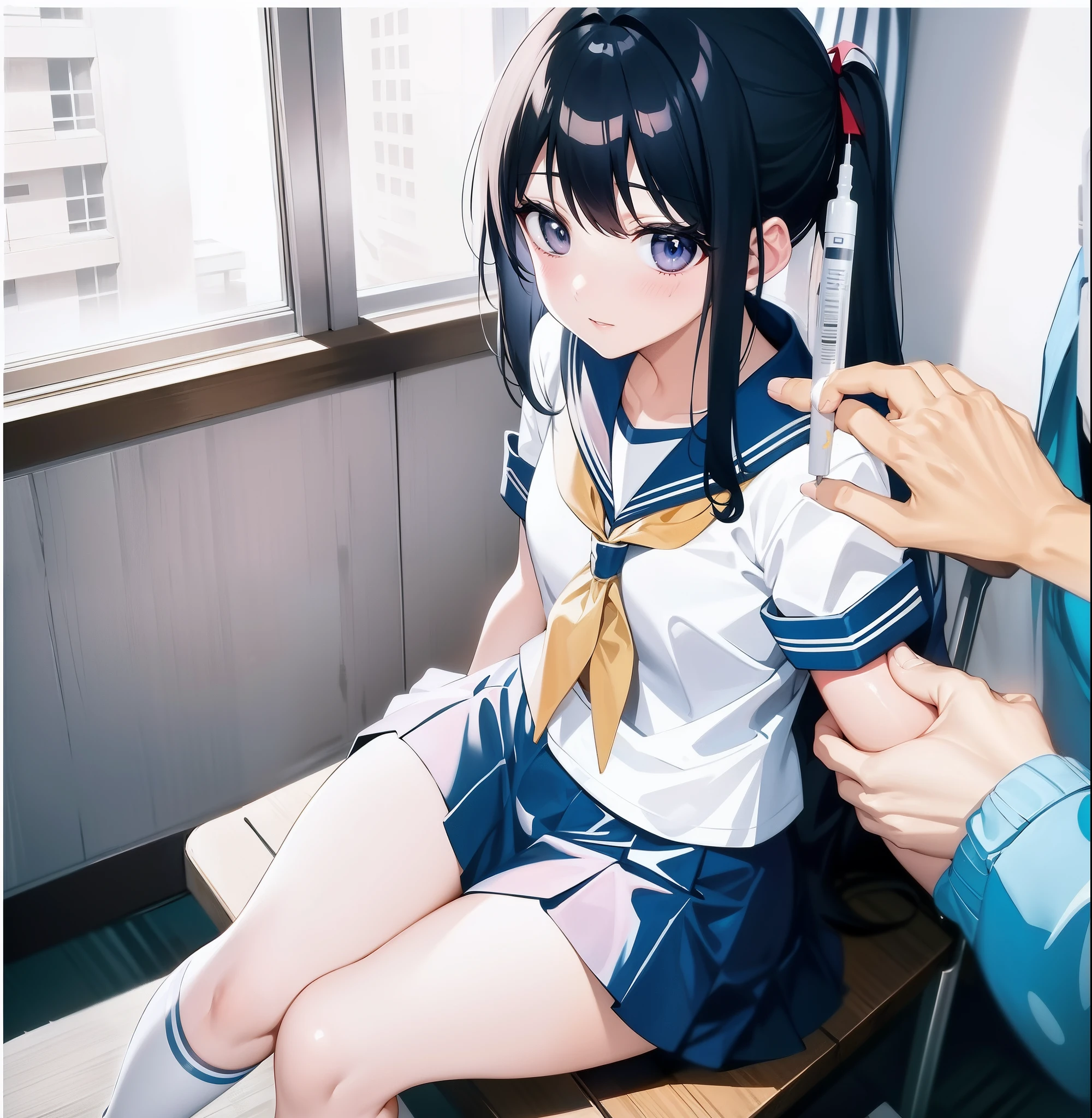 (best quality, masterpiece, high-resolution, detail),
a girl, 15yo,
sitting on chair, classroom, school chair, school desk,
low pigtails, (low twin tails:1.2), black hair,
navy blue , sailor uniform,
front,
gentle smile,