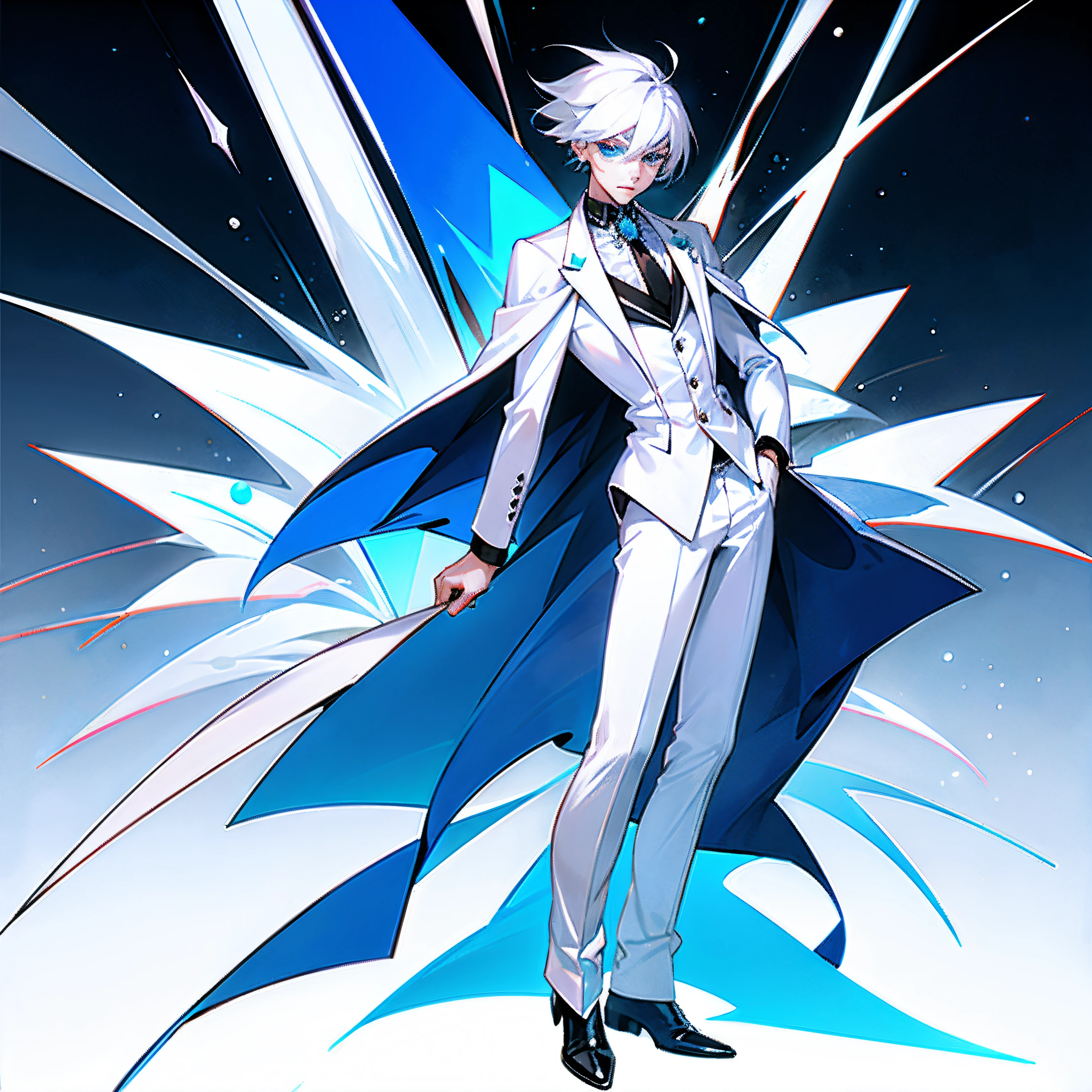 Boy White hair, diamond-shaped face, blue eyes, temperament, polite temperament, white eight-coat suit, full body photo from head to toe