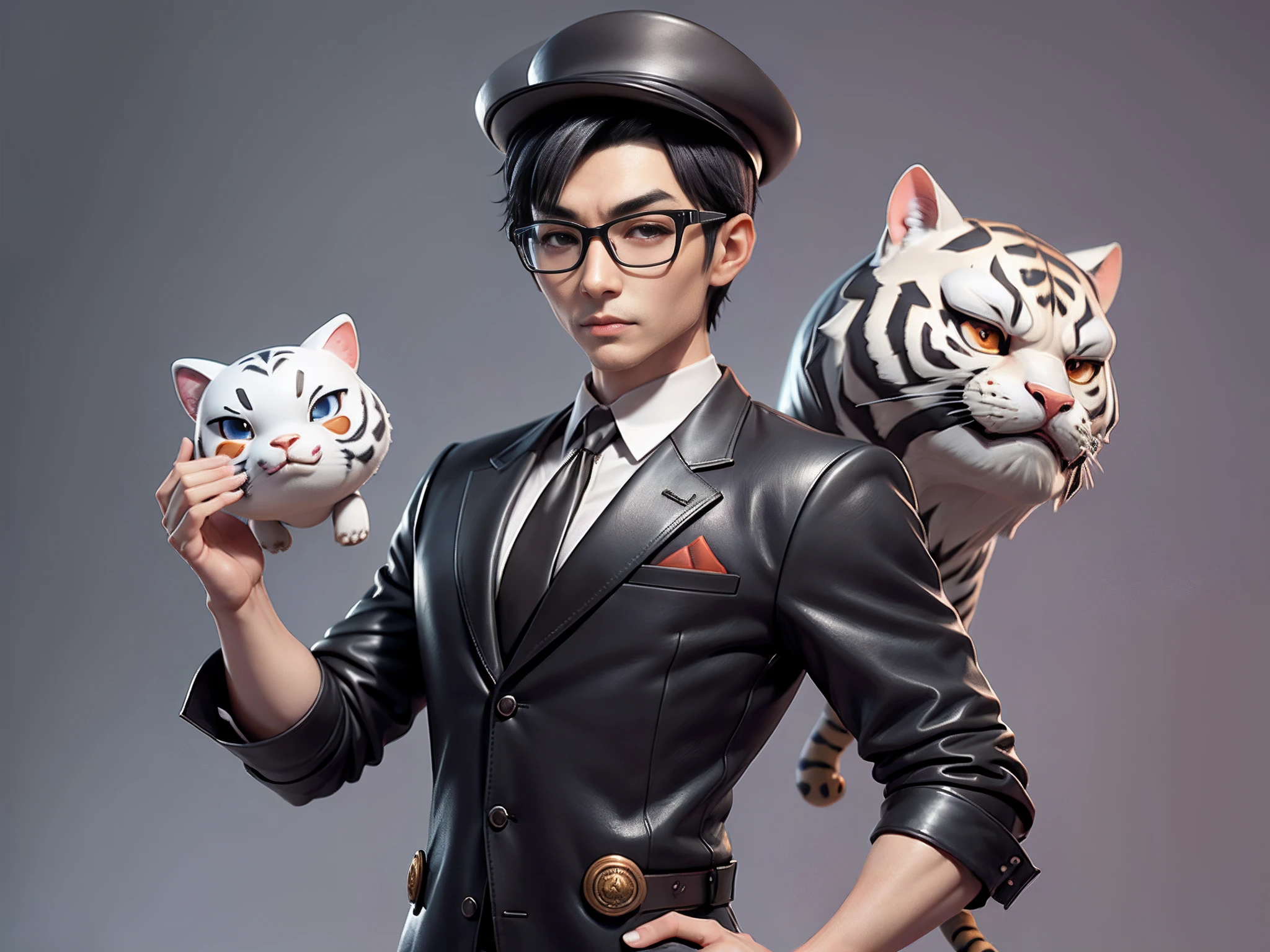Young man with oriental face in leather hat, tiger, oriental face in formal suit, short black hair, silver glasses, digital painting, 3D character design by Mark Clairedon and Pixar and Hayao Miyazaki and Akira Toriyama, the illustration is a high-definition illustration in 4K resolution with very detailed facial features and cartoon-style visuals.