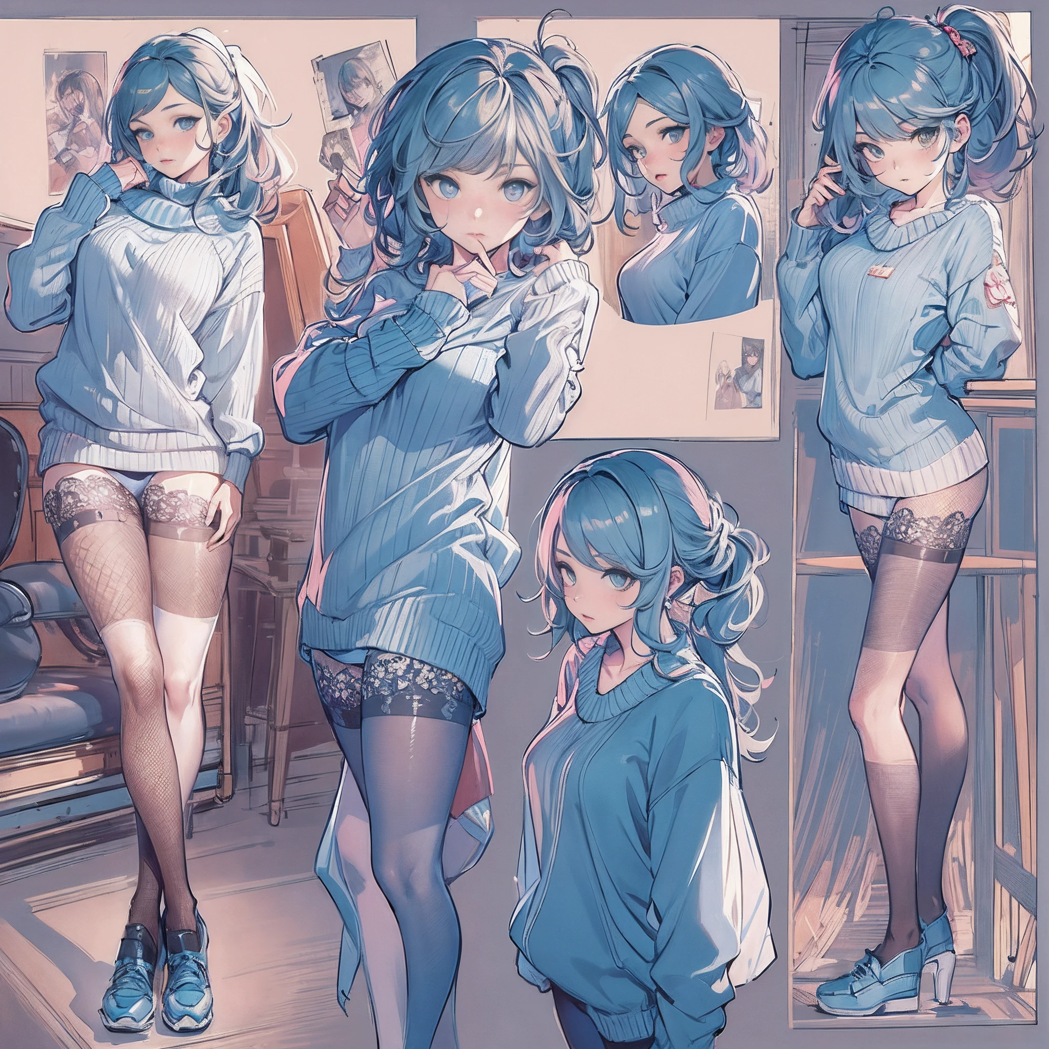 ((Masterpiece, Highest quality)), Detailed face, CharacterDesignSheet,full bodyesbian, Full of details, Multiple poses and expressions, Highly detailed, Depth, beuaty girl,blue sweater,Lace,lacepantyhose, High Balance, suns,Natural light