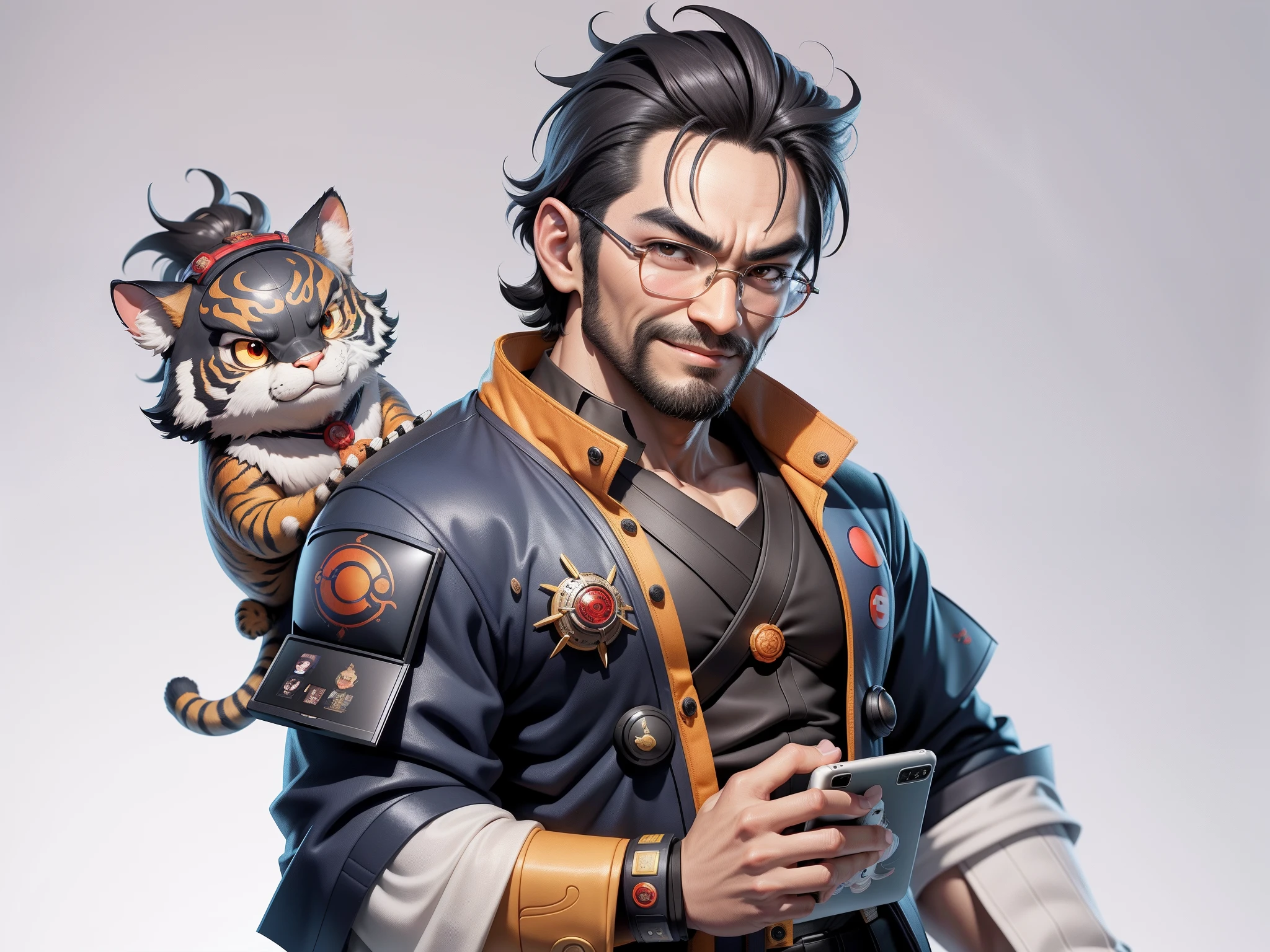 (Daisaku),(Need),(Super meticulous),(full bodyesbian:1.2),Super young man with Japanese geisha,Beautiful,orient,one tiger,Aeolian Thor,Raised sexy,爆乳,Oriental face,TV Anchor,Bust portrait illustration,In black suit,a blue tie,The face is slightly chubby,The face was clean,without a beard,Black super short hair,Black eyes,Smile confidently,3C computer sub-products,iPad, iphone,Digital painting,3D character design by Mark Clairen and Pixar and Hayao Miyazaki and Akira Toriyama,The illustration is a high-definition illustration in 4K resolution,With very detailed facial features and cartoon-style visuals。