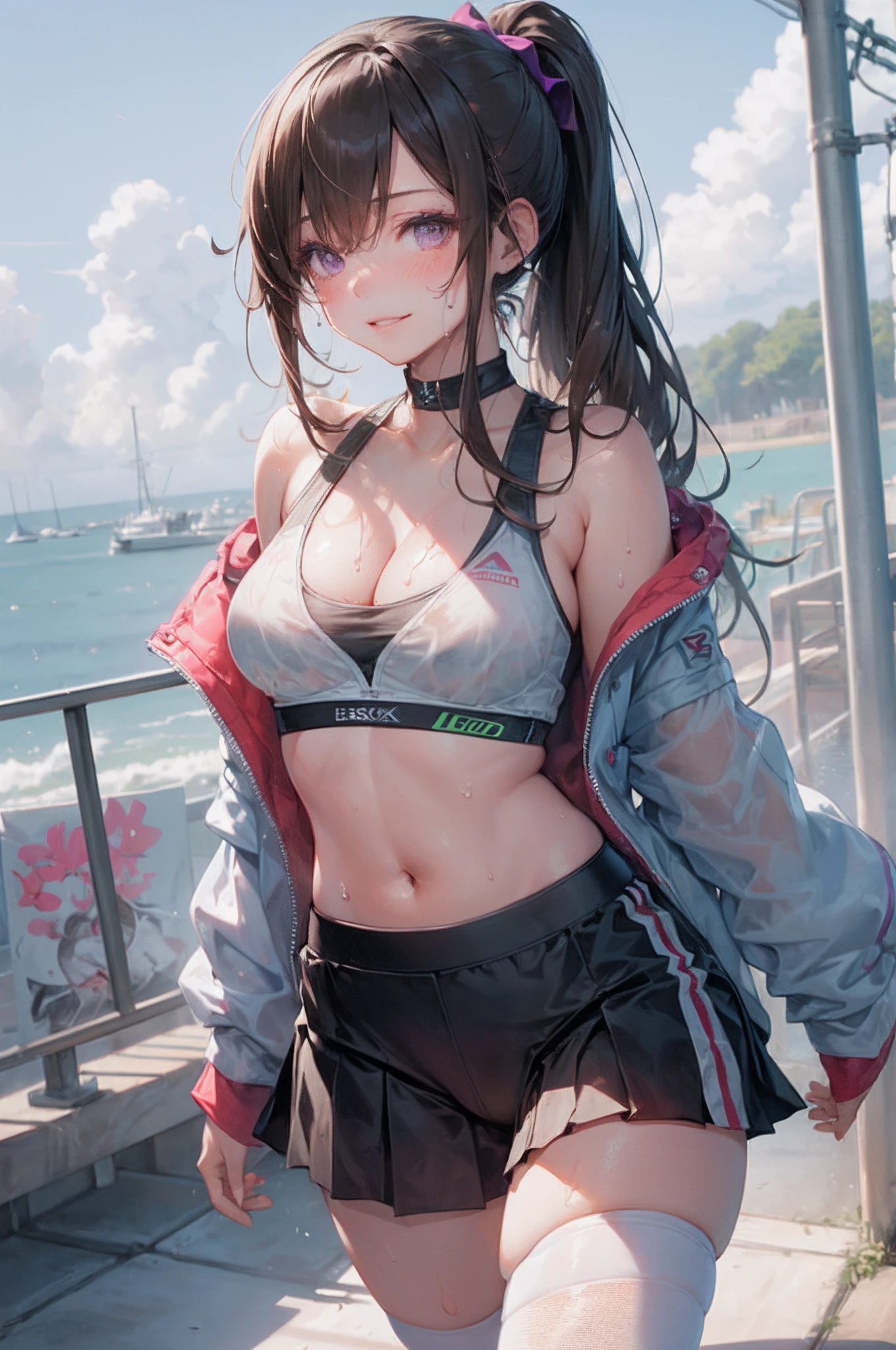 realistic, 1girl, ponytail, parted lips, blush, makeup, light smile, brown hair, sportswear, skirt, wet clothes, glow, thighs, purple eye, bare shoulders, collarbone, narrow waist, sunbeam, sunlight, wind, cleavage, (masterpiece), sweat, sports footwear,