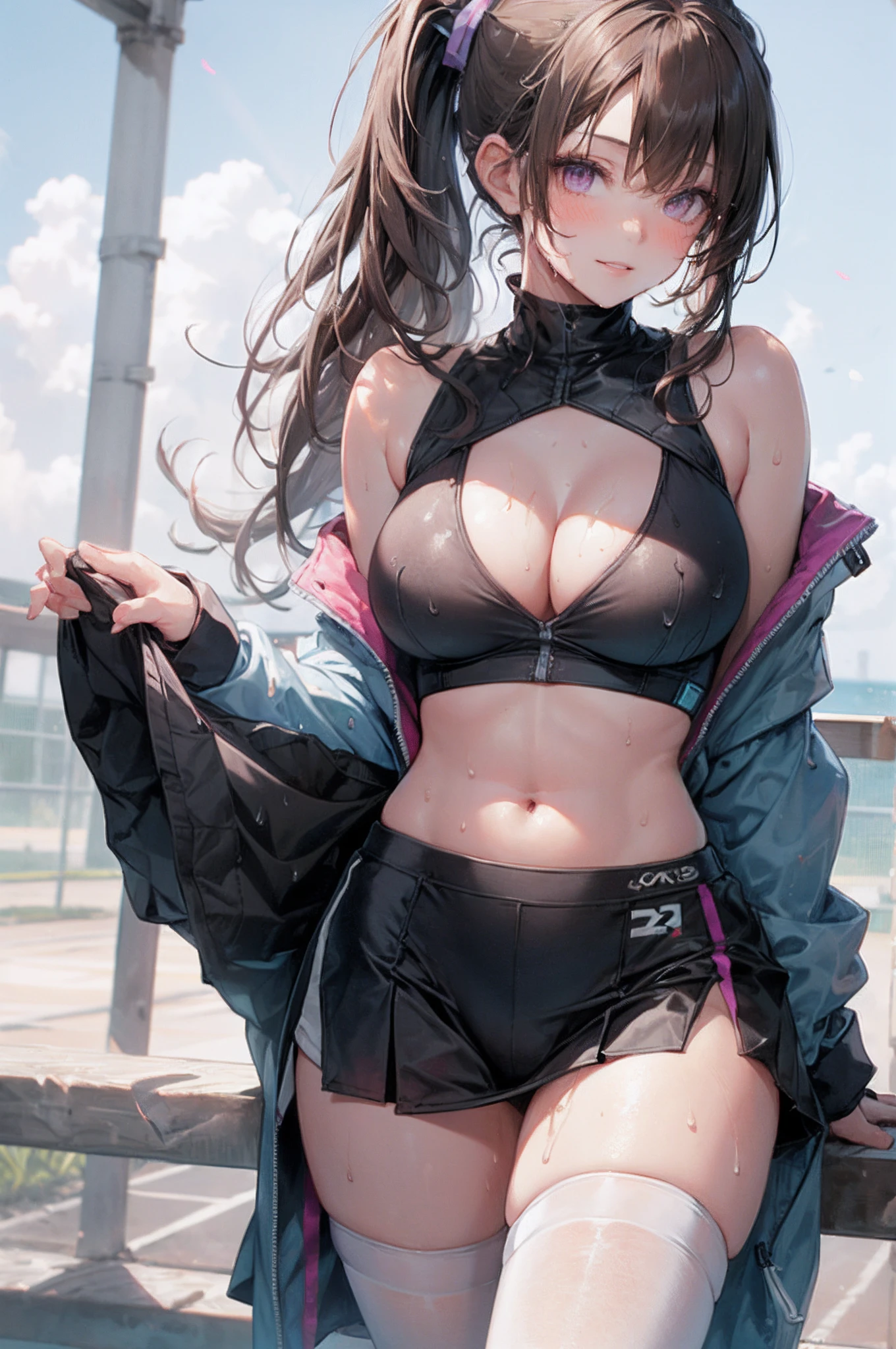 realistic, 1girl, ponytail, parted lips, blush, makeup, light smile, brown hair, sportswear, skirt, wet clothes, glow, thighs, purple eye, bare shoulders, collarbone, narrow waist, sunbeam, sunlight, wind, cleavage, (masterpiece), sweat, sports footwear,