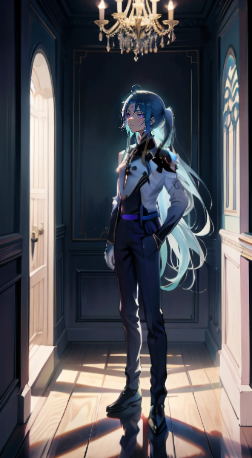 Handsome anime characters, Long light blue hair, High Ponytail, Purple eyes, magic school uniform, high-necked,Black feathers, masutepiece, hiquality, full body Esbian, looking-down, look up to, Arm Raising Pose, official illustrations, high-level image quality、Rosa、petal、1 Male character、Detailed artwork、A quiet、Mourning、extremely handsome、Mystical