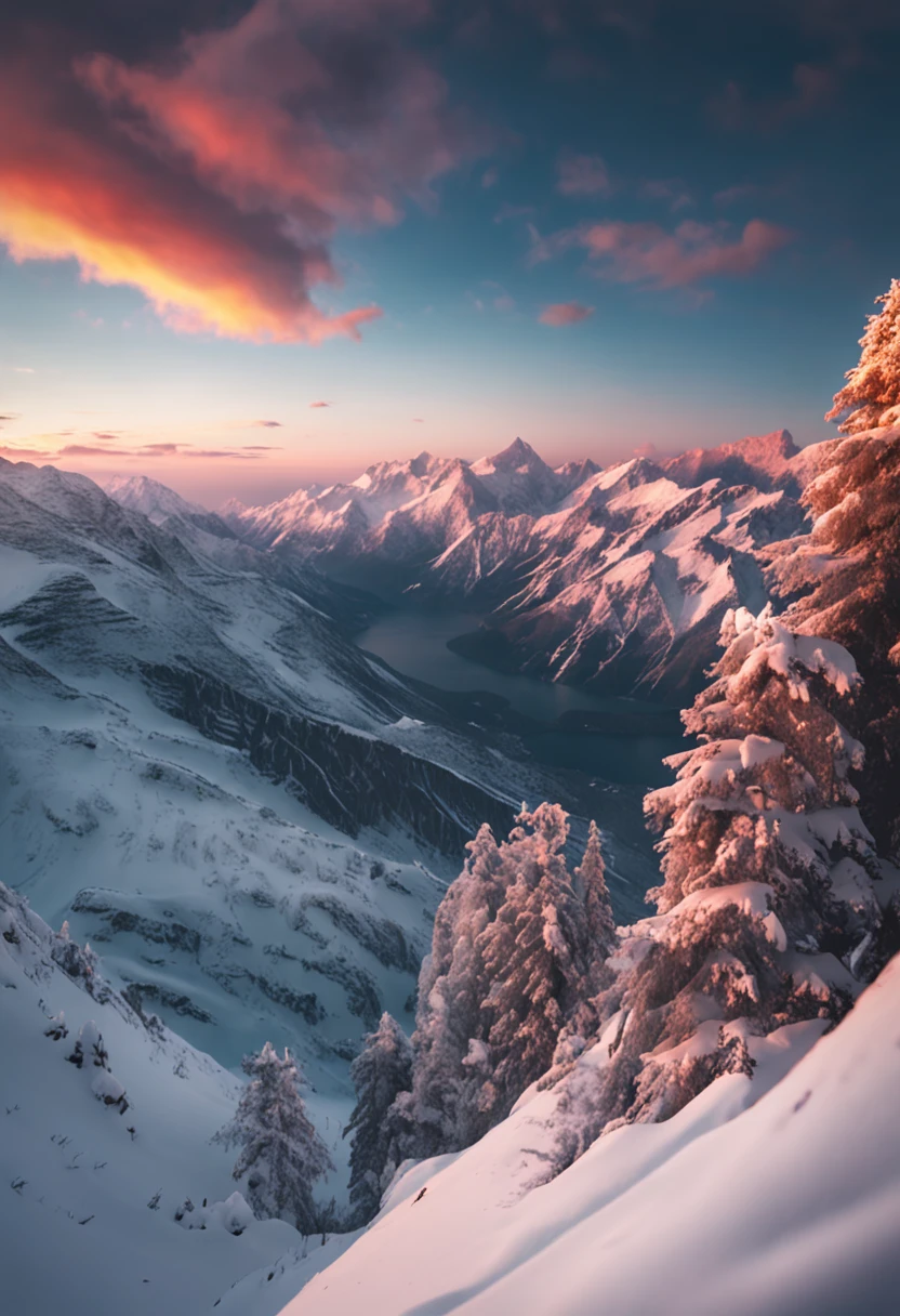 Drone photography of stunning snow-capped mountain tops，k hd