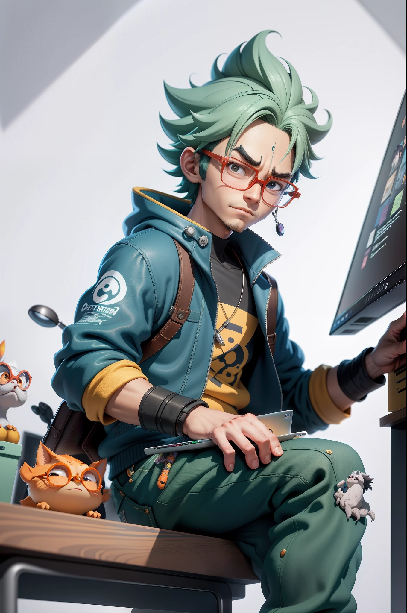 A young man with glasses sits at his desk，holding laptop，digitial painting，3D character design by Mark Clairen and Pixar and Hayao Miyazaki and Akira Toriyama，4K HD illustration，Very detailed facial features and cartoon-style visuals。
