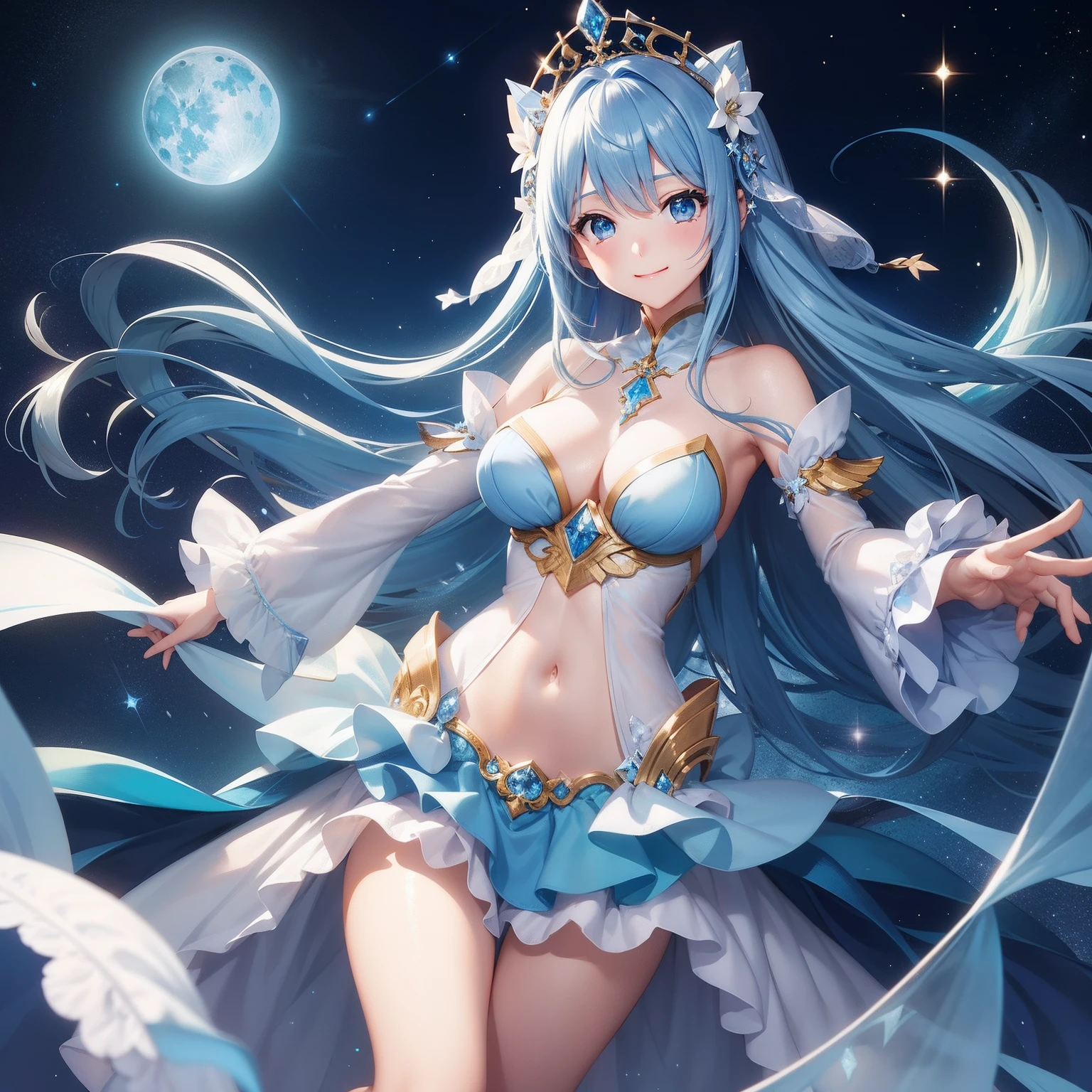 Pretty girl、a smile、Blue Long Hair、Engaging pose、Blue and white costume、Fantasia、Luminous Crystal、Crystal jade、constellation、a moon、Fantastic background