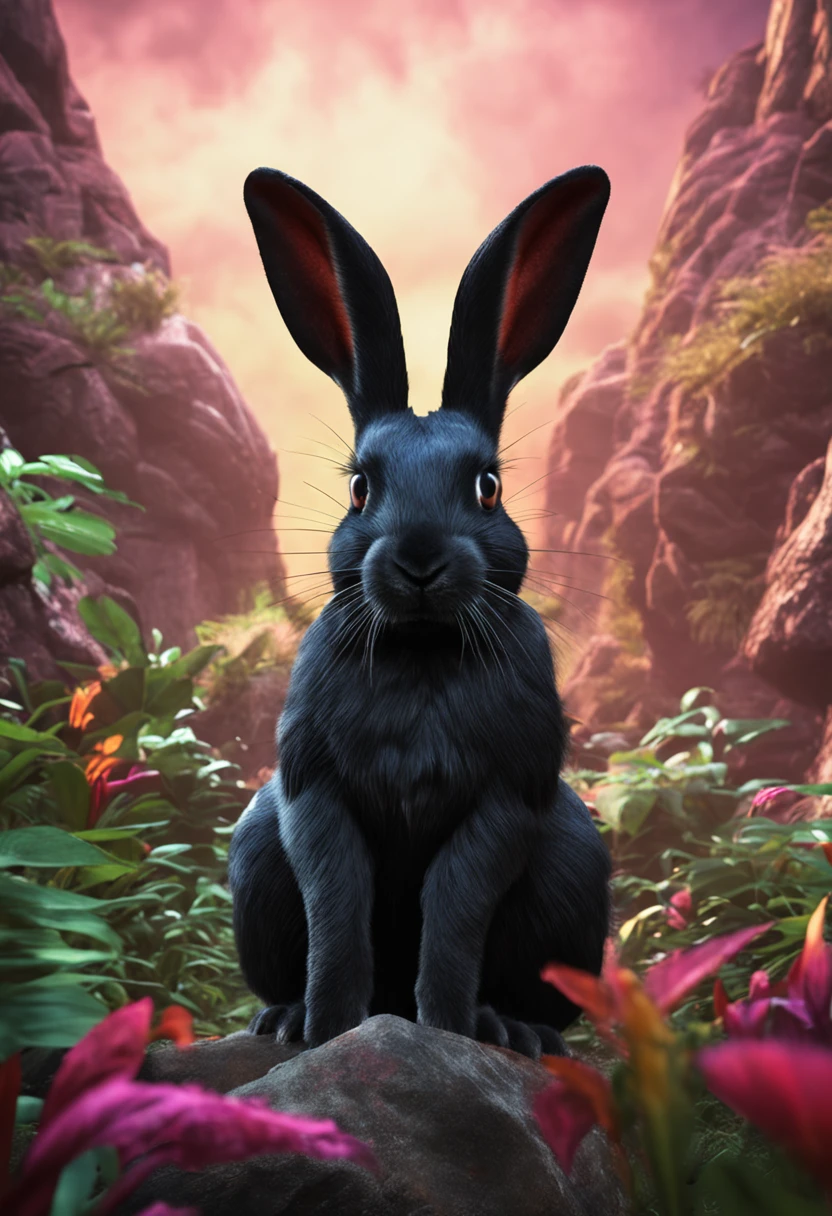 Raw photo, Black rabbit, The background is an African jungle, Looks cool rabbit assertive，Face Draws Up