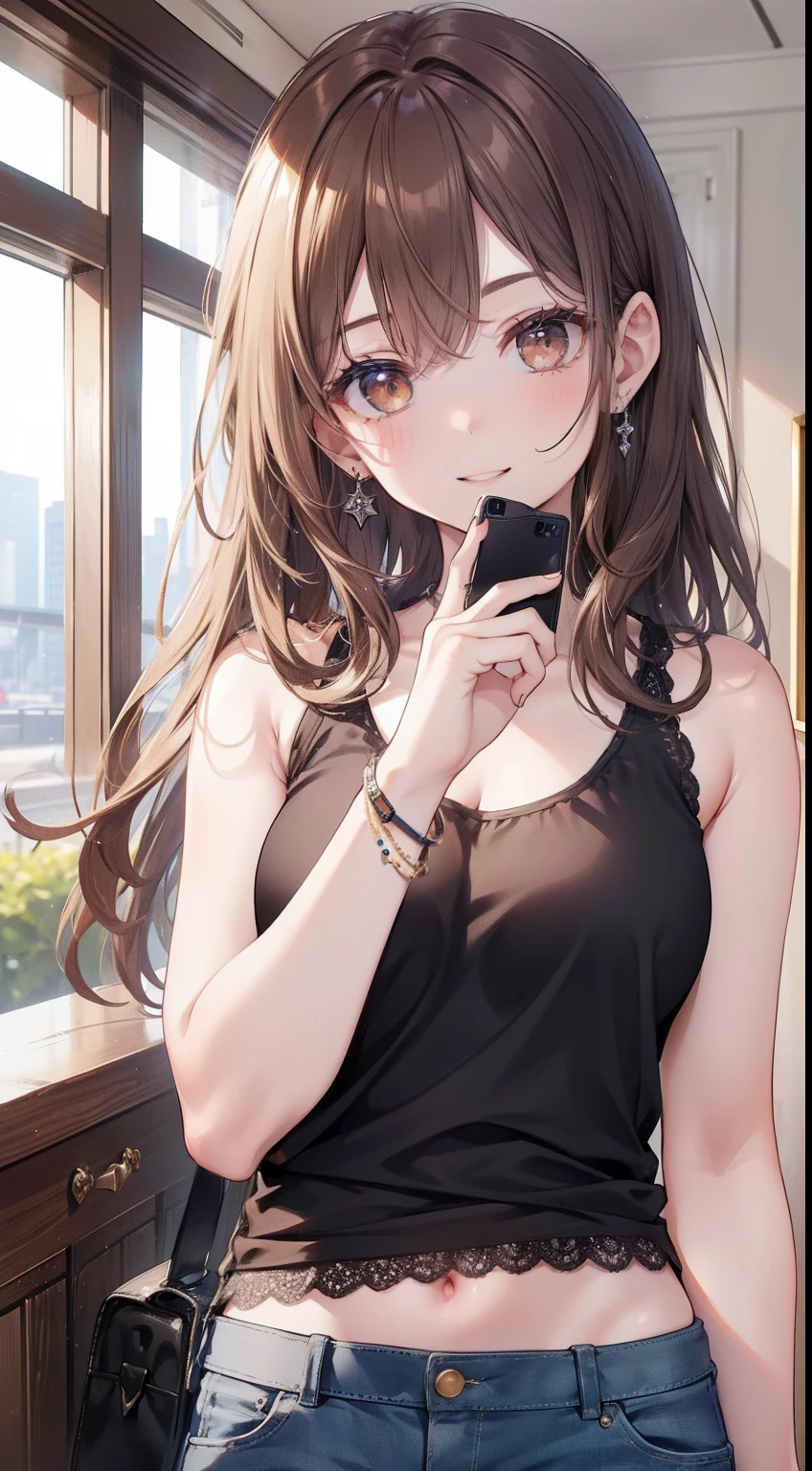 (master piece, best quality, ultra-detailed, High, 4k),(beautiful detailed eyes),(very detailed face),(1 girl),HDR,long hair, shorts, Phone, brown eyes, brown hair, cell phone, bracelet, tank top, jewellery, watch, plucked lips, ground focus, nail polish, blurry background, smile, wristwatch, realistic, blurry, Looking at Viewer