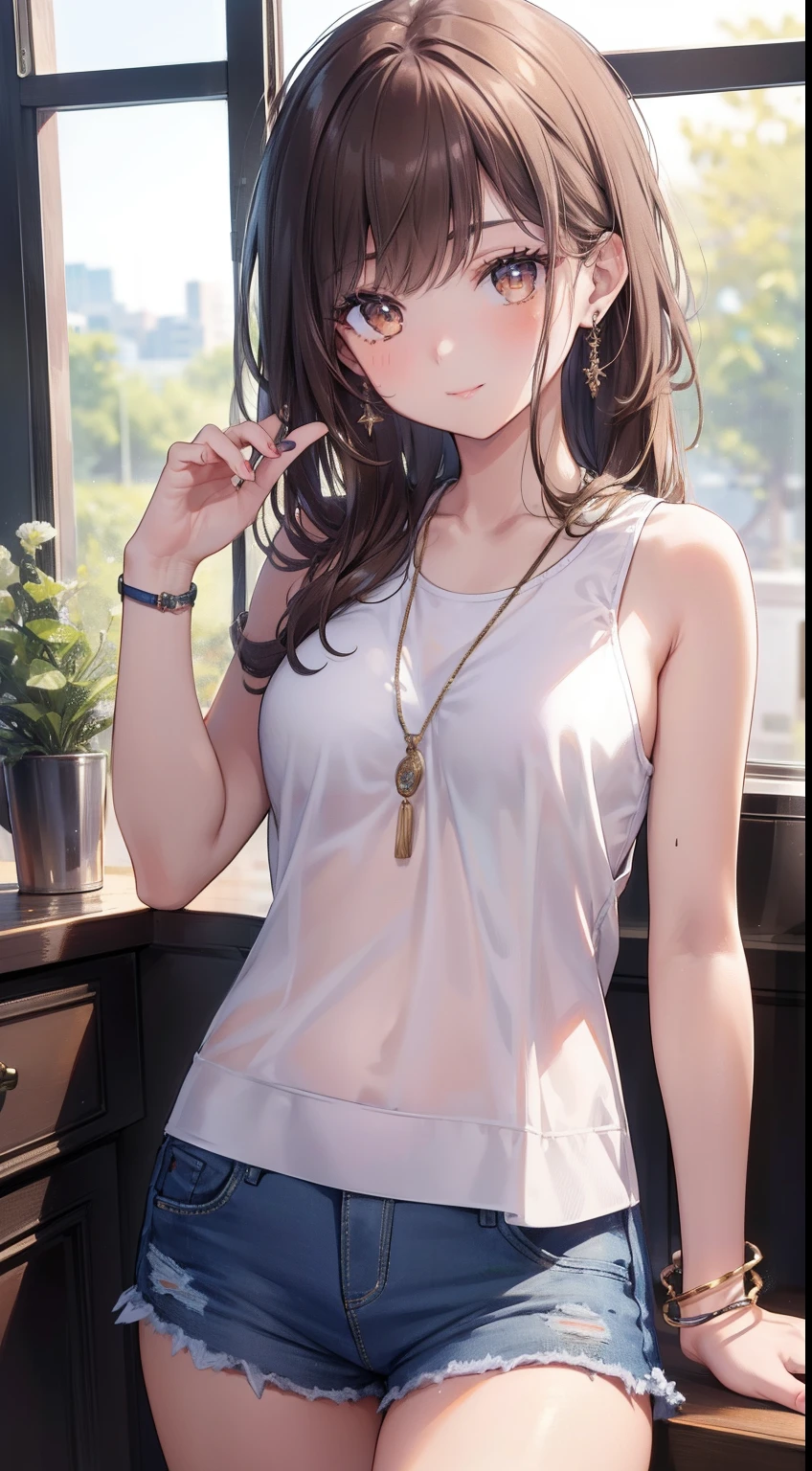 (master piece, best quality, ultra-detailed, High, 4k),(beautiful detailed eyes),(very detailed face),(1 girl),HDR,long hair, shorts, Phone, brown eyes, brown hair, cell phone, bracelet, tank top, jewellery, watch, plucked lips, ground focus, nail polish, blurry background, smile, wristwatch, realistic, blurry, Looking at Viewer