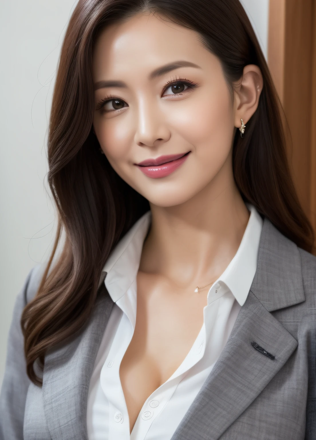 a business woman is in an office, looking at the camera, Grinning, She wears a white blazer and has wavy hair.. The background should be blurred and include internal elements, like a plant.