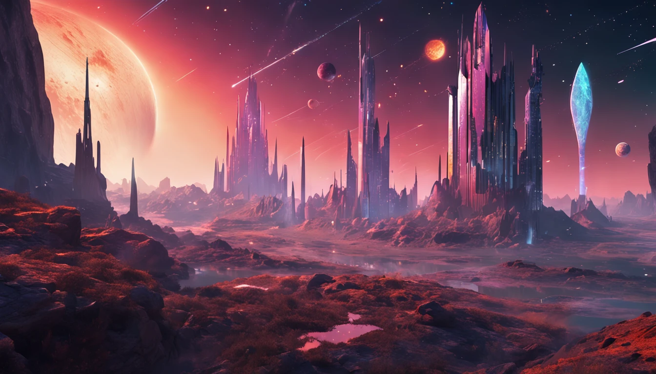 Starry sky and distant fantasy cities and planets with towers, epic fantasy sci fi illustration, fantasy planet, arstation and beeple highly, Fantasy space, fantasy scifi, epic scifi fantasy art, epic dreamlike fantasy landscape, ethereal starlit city at sunset, impressive fantasy landscape, Sci-fi fantasy wallpaper, epic beautiful space scifi, Fantasy Sci-Fi - Fantasy