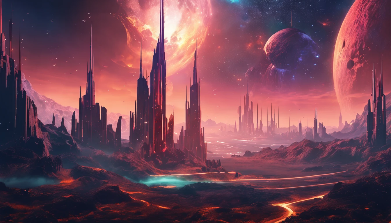 Starry sky and distant fantasy cities and planets with towers, epic fantasy sci fi illustration, fantasy planet, arstation and beeple highly, Fantasy space, fantasy scifi, epic scifi fantasy art, epic dreamlike fantasy landscape, ethereal starlit city at sunset, impressive fantasy landscape, Sci-fi fantasy wallpaper, epic beautiful space scifi, Fantasy Sci-Fi - Fantasy